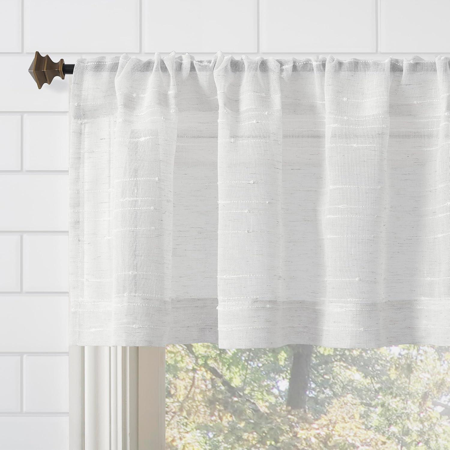 Clean Window Aya Textured Slub Stripe Linen Blend Sheer Rod Pocket Kitchen Curtain Valance