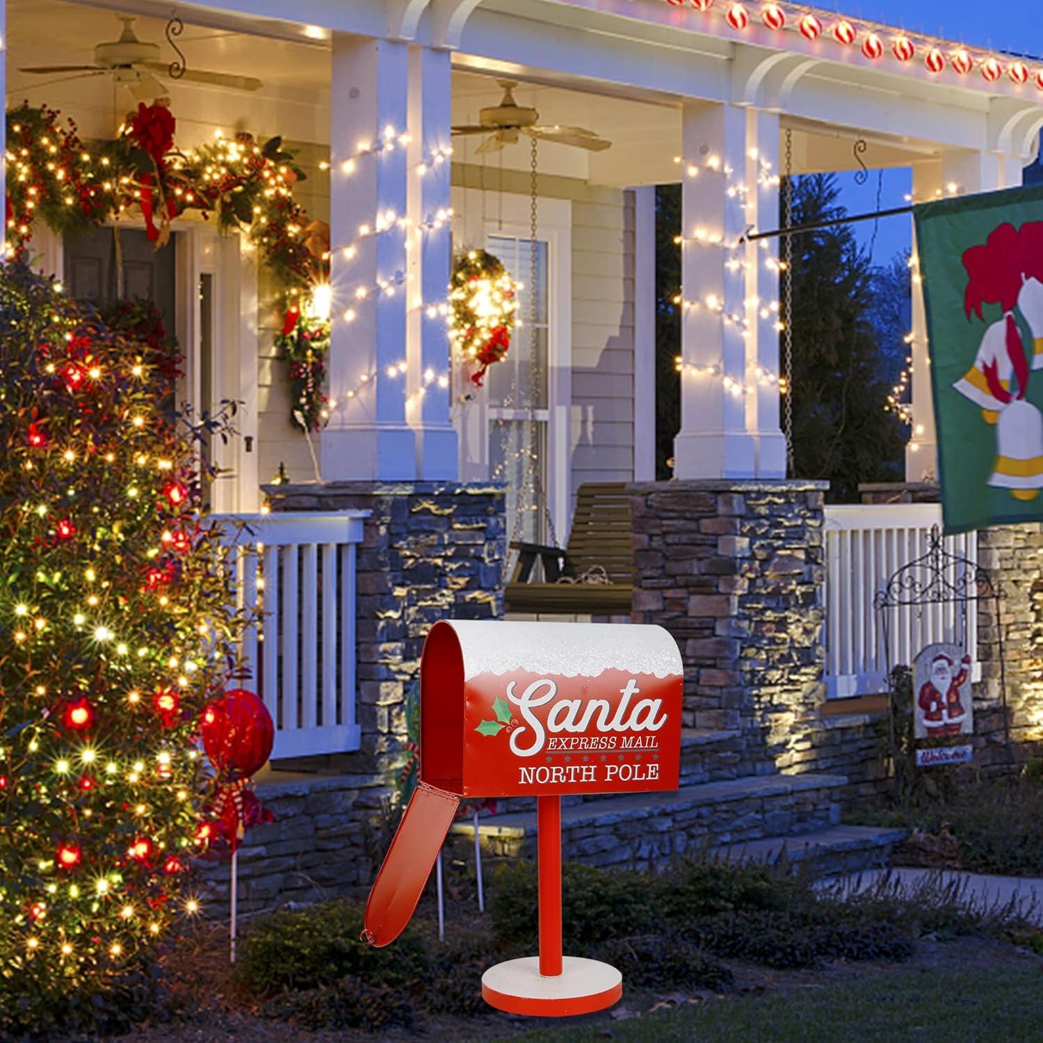 Christmas Decorations Santa Mailbox, 15.5" H x 9.5" W Express Mail to North Pole Metal Letter Box, Christmas Decorative Box for Home Room Indoor Outdoor Front Door Xmas Holiday Party