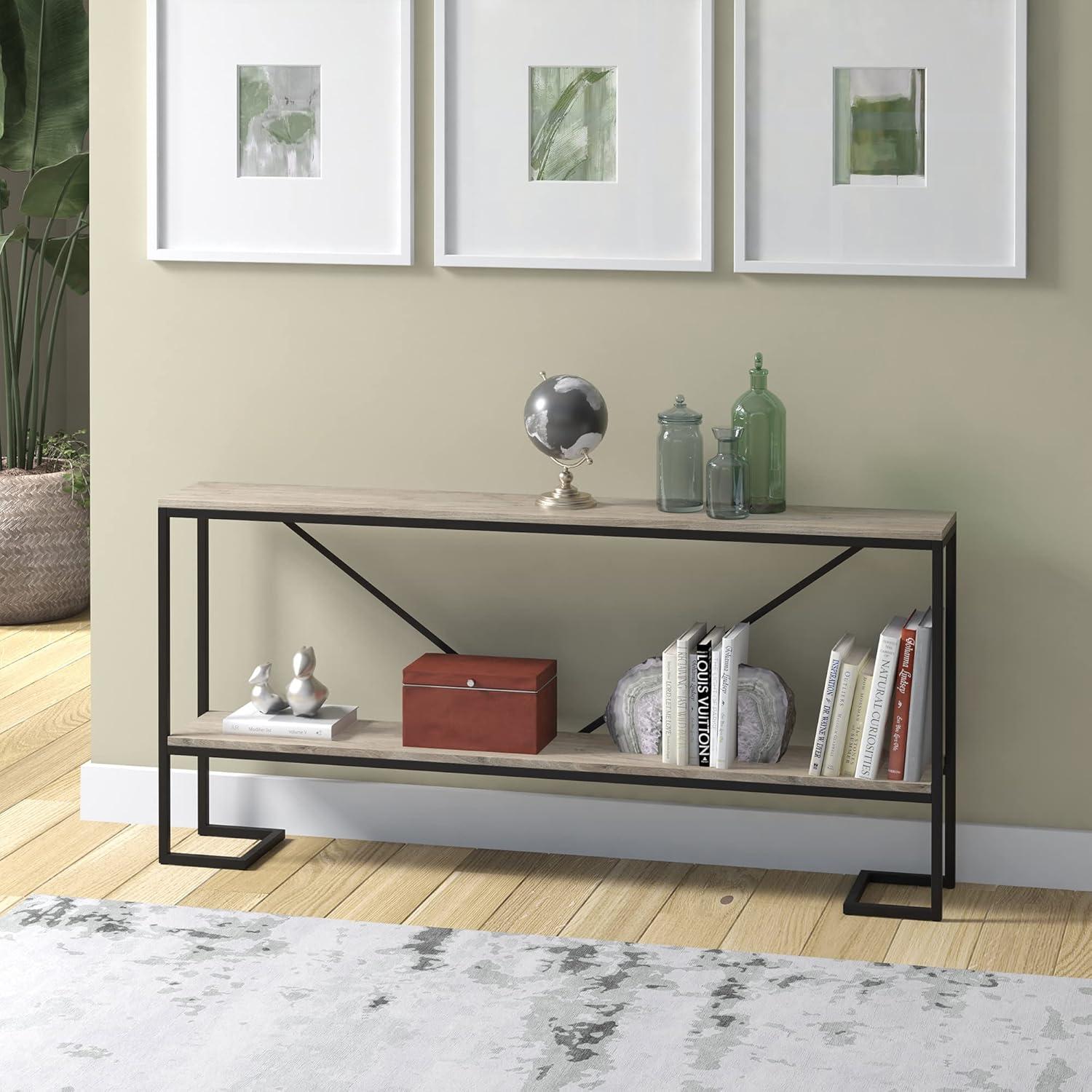 Evelyn&Zoe Phoebe 64" Wide Rectangular Console Table, Blackened Bronze/Antiqued Gray Oak