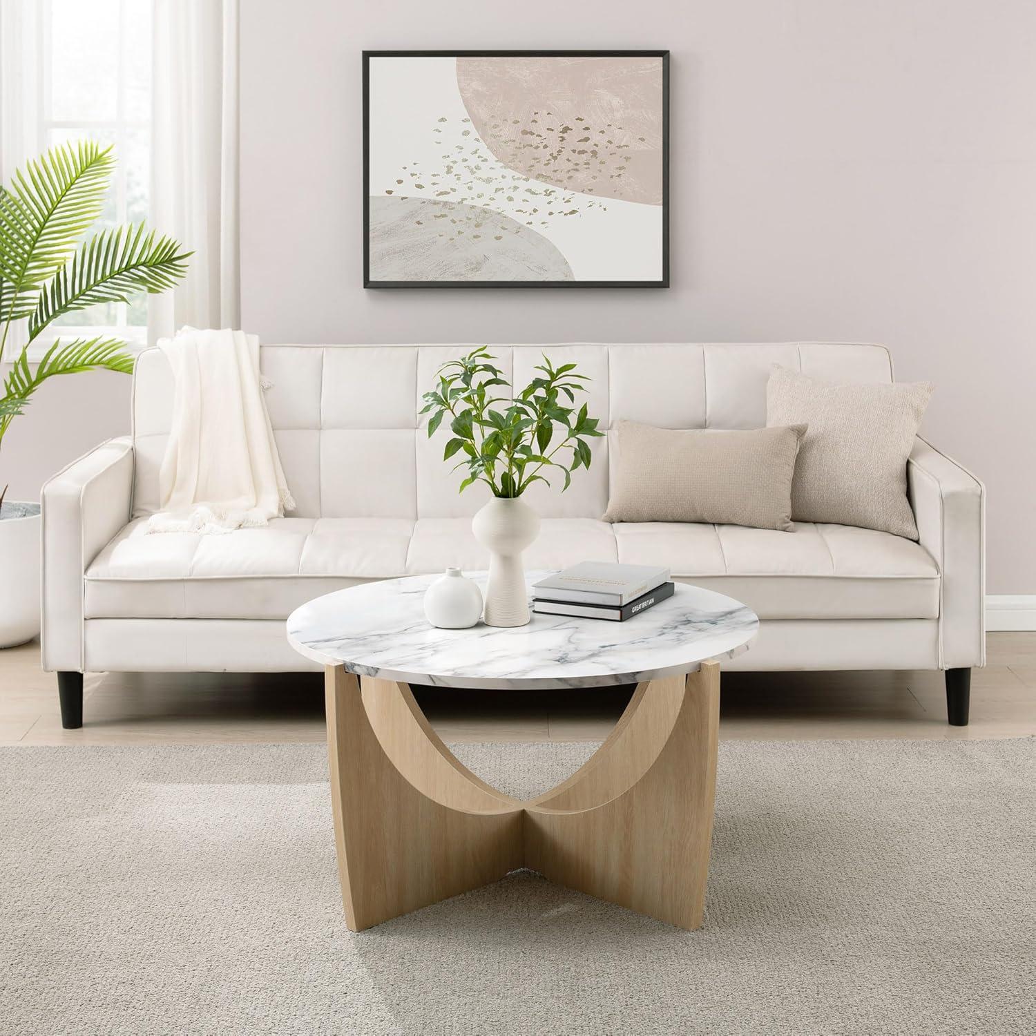 Walker Edison Modern Round Scoop-Base 35” Coffee Table - Calacatta Marble/Coastal Oak