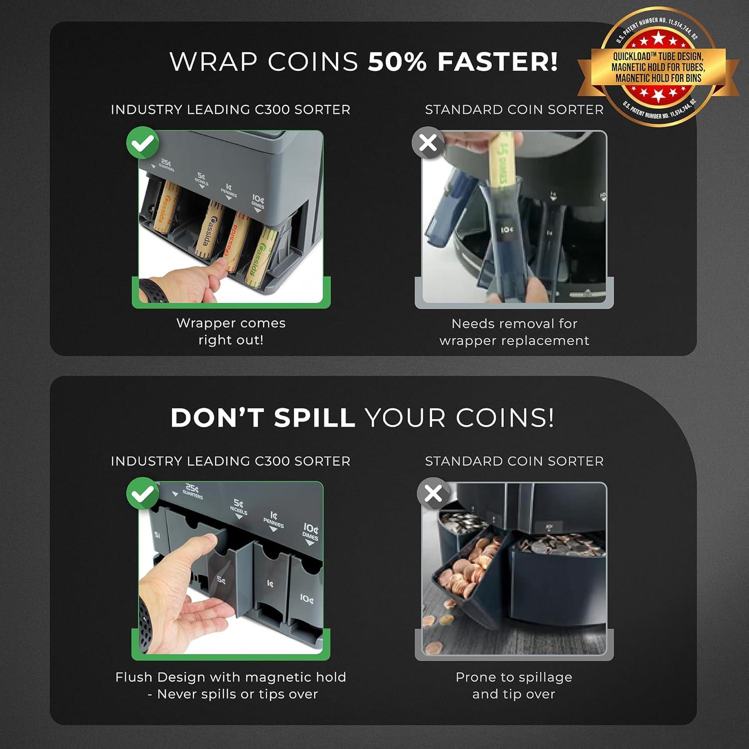 Cassida C300 Coin Counter/Sorter with a 300 Coins Per Minute Speed | Printing Compatible | Quickload Technology