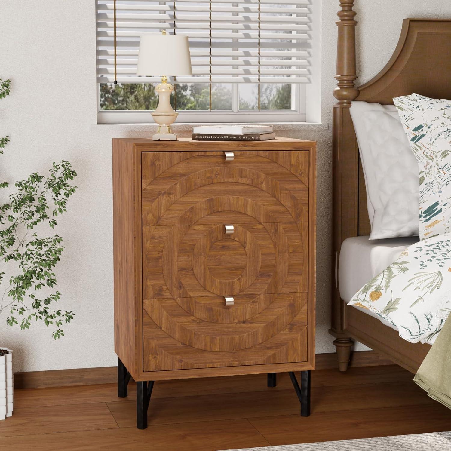 Rustic Brown 3-Drawer MDF Nightstand with Geometric Pattern