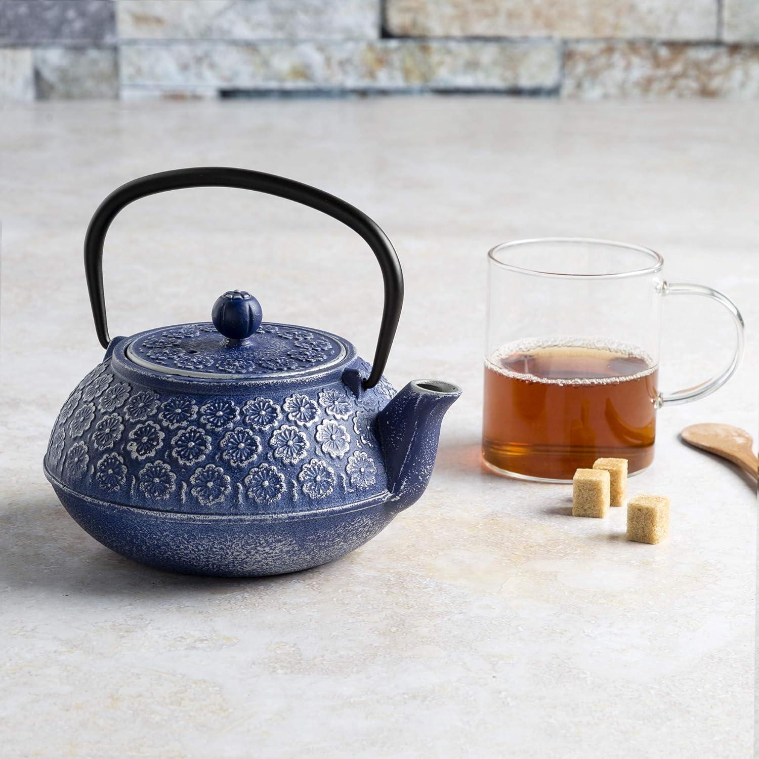 Juvale Cast Iron Tea Pot with Stainless Steel Loose Leaf Infuser, Blue, 34 oz