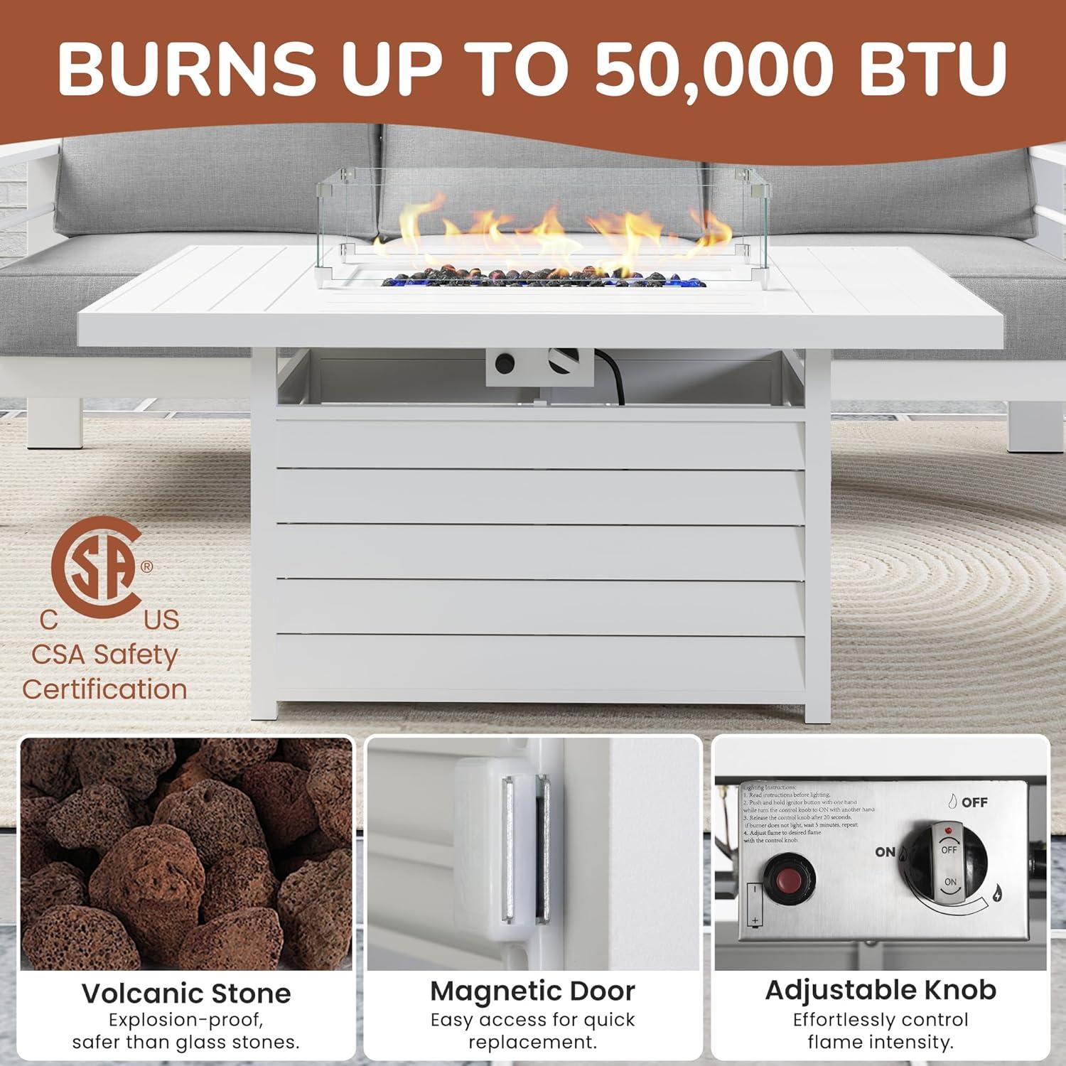 Heynemo Aluminum Patio Furniture Set with Fire Pit Table, 4 Piece Outdoor Furniture with Cushions for Balcony Backyard, White (Ship in 4 Boxes) Set of