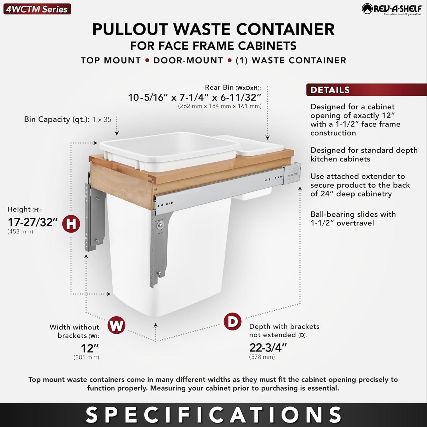 Rev-A-Shelf Double Pullout Trash Can for Base Kitchen/ Bathroom Cabinets, 35 Qt Wood Top Mount Garbage Bin, 18" x 1.5" Face-Frame, White, 4WCTM-21DM2