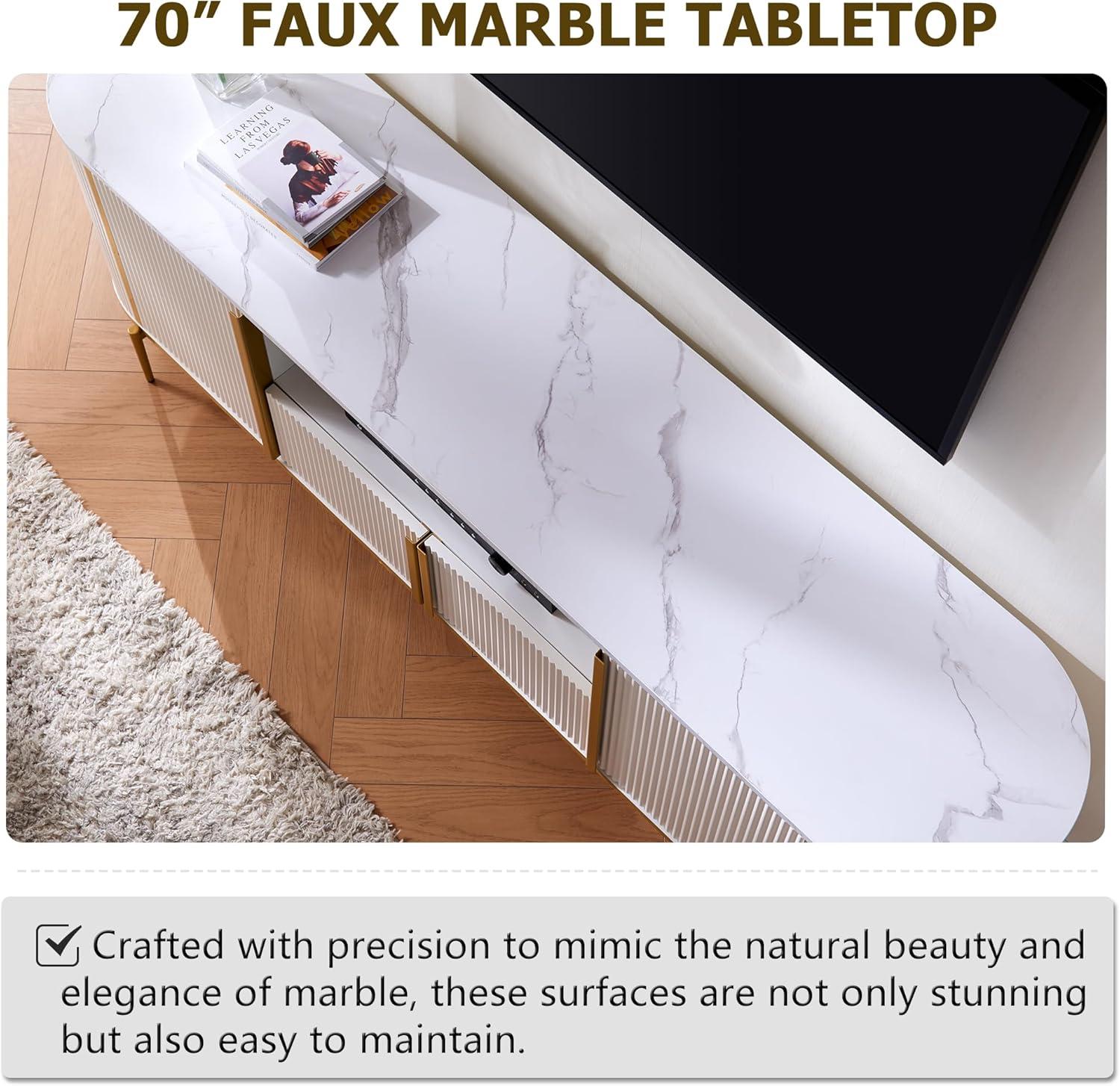 SinCiDo Luxury 70" Fluted TV Stand, Modern TV Console for TVs Up to 80 inches, Faux Marble Top & Curved Design, Off White