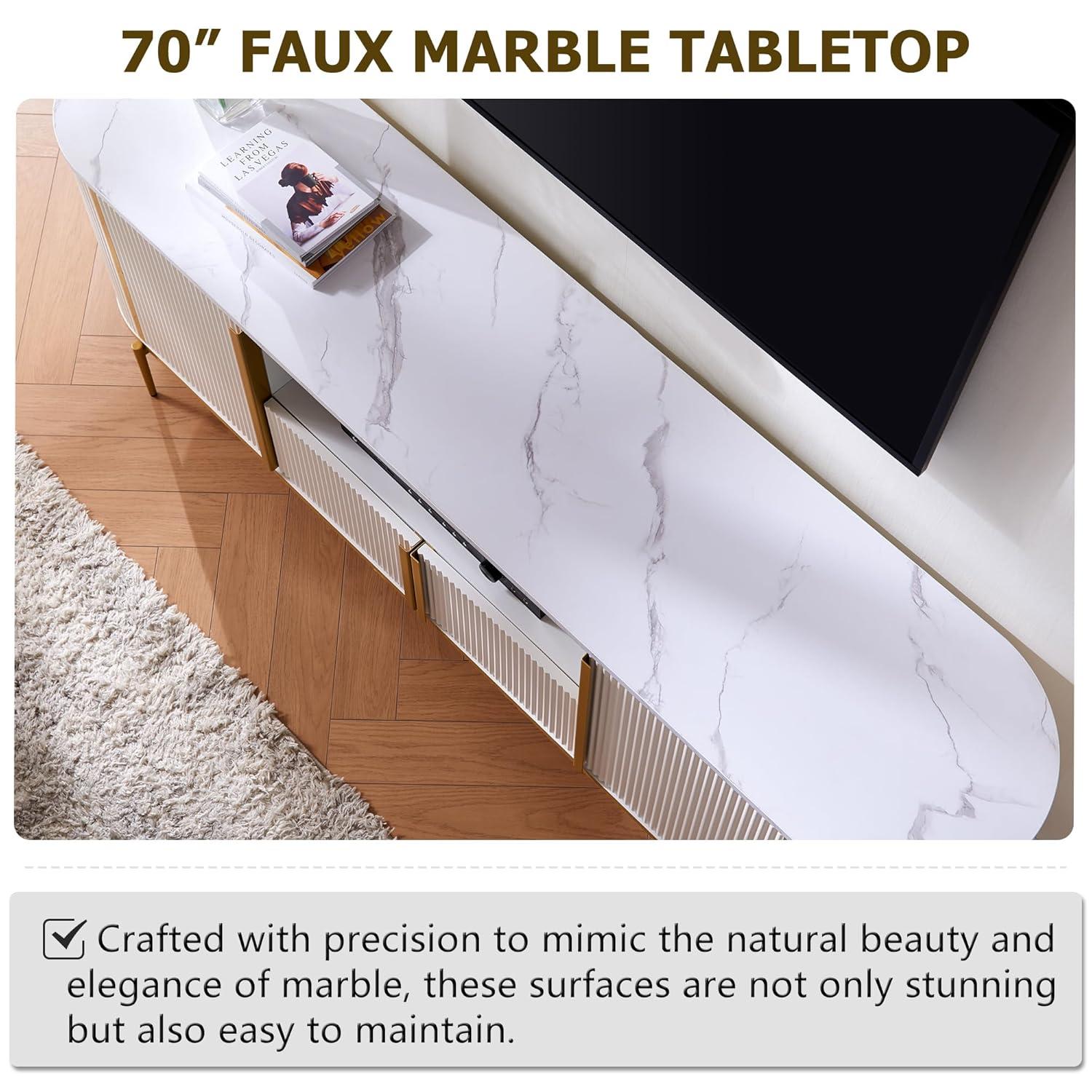 SinCiDo Luxury 70" Fluted TV Stand, Modern TV Console for TVs Up to 80 inches, Faux Marble Top & Curved Design, Off White