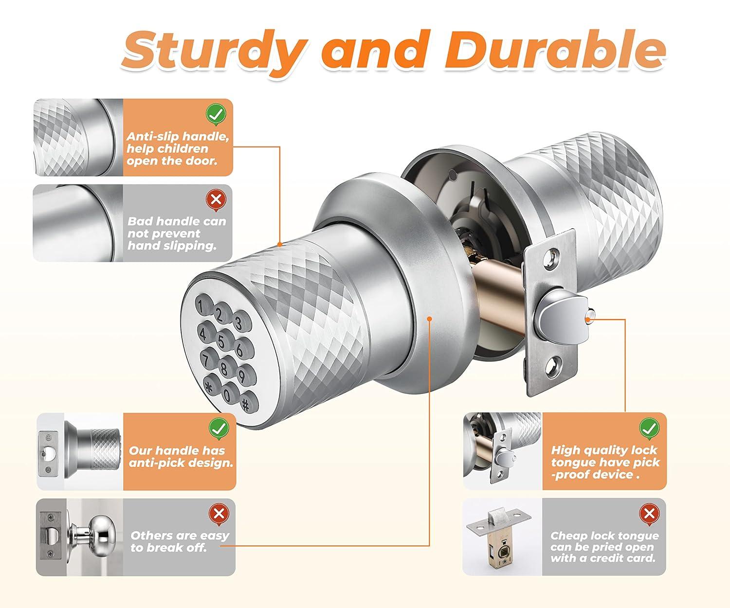 Electronic Keypad Door Knob, Smart Keyless Entry Door Knobs, Code, Anti-Slip Handle, 2.5s Auto Lock, Waterproof Door Lock, Easy to Install for Home, Office, Apartments and Garage