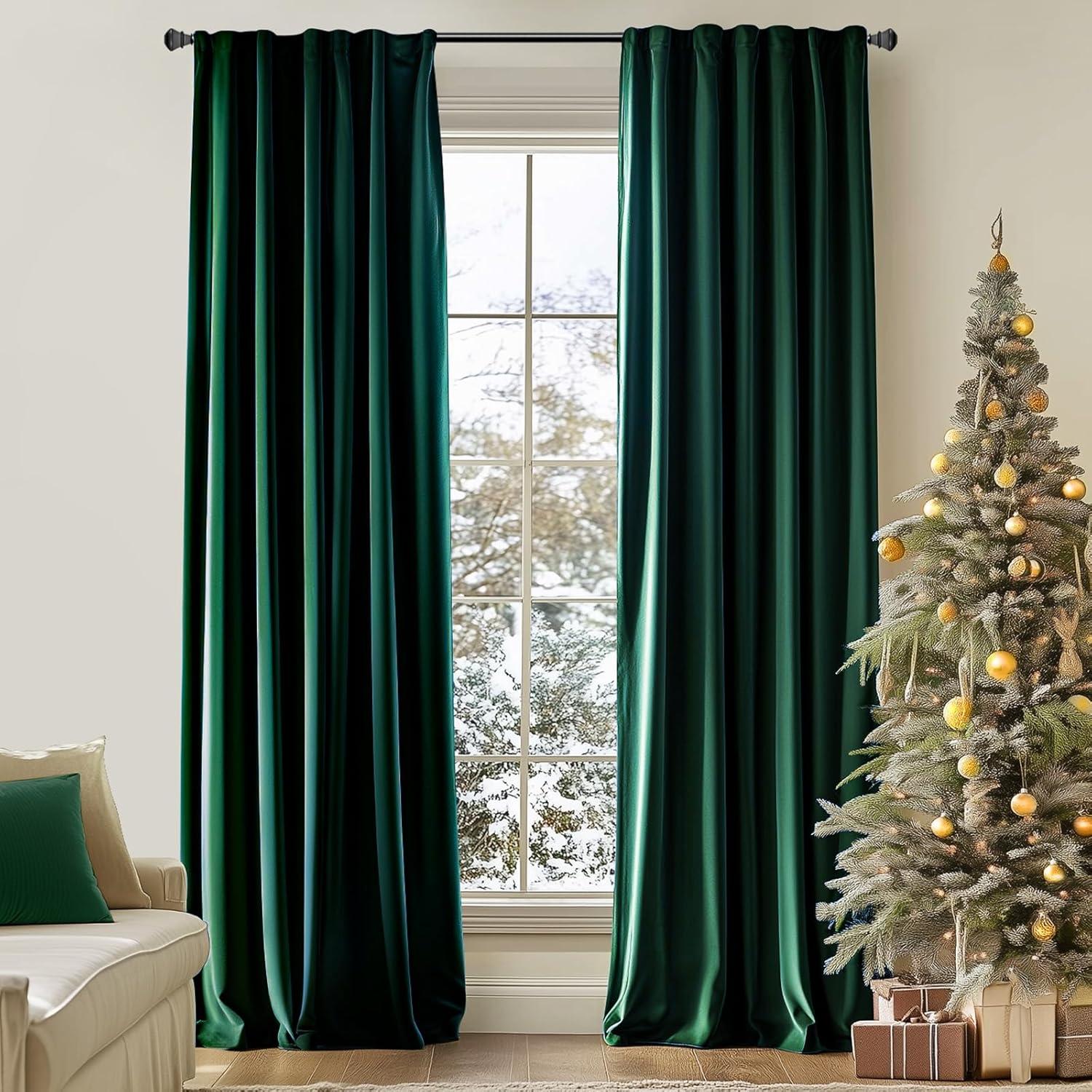 Emerald Green Velvet Blackout Thermal Insulated Curtains 63" Long