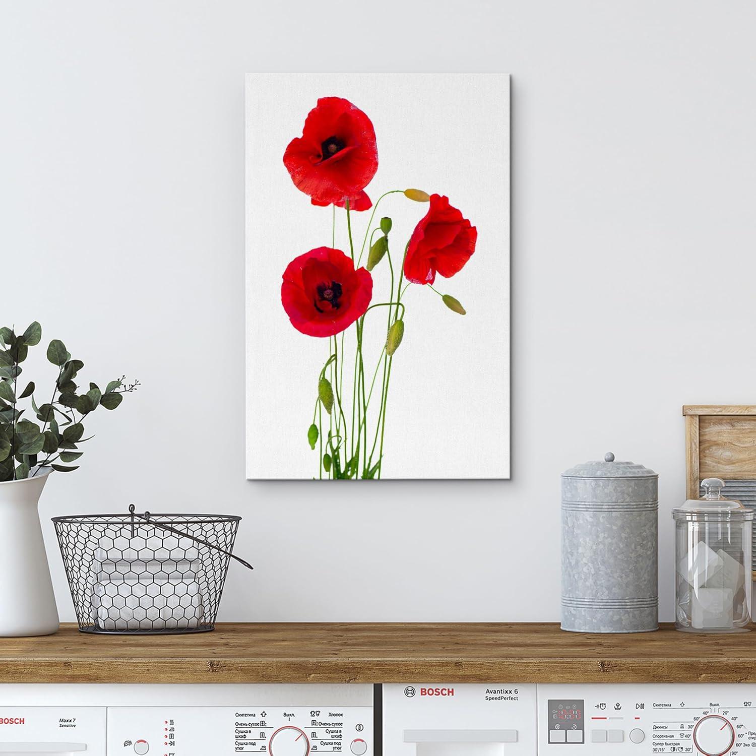 wall26 Canvas Print Wall Art Red Poppy Flowers on White Wood Panels Nature Wilderness Digital Art Realism Chic Colorful Multicolor Ultra for Living Room, Bedroom, Office - 12"x18"