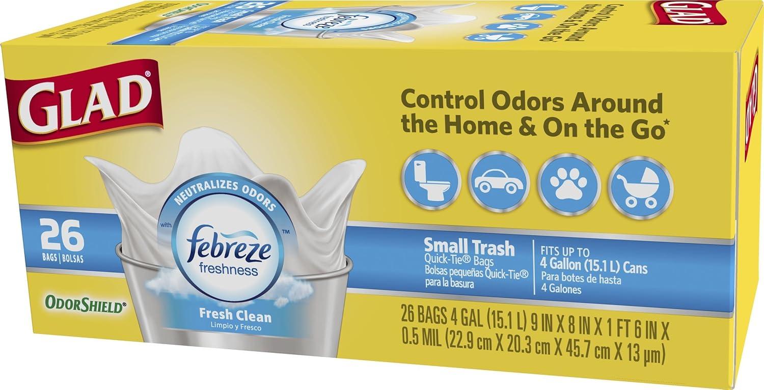 Glad OdorShield Small Trash Bags - Febreze Fresh Clean - 4 Gallon - 26 Count - 6 Pack