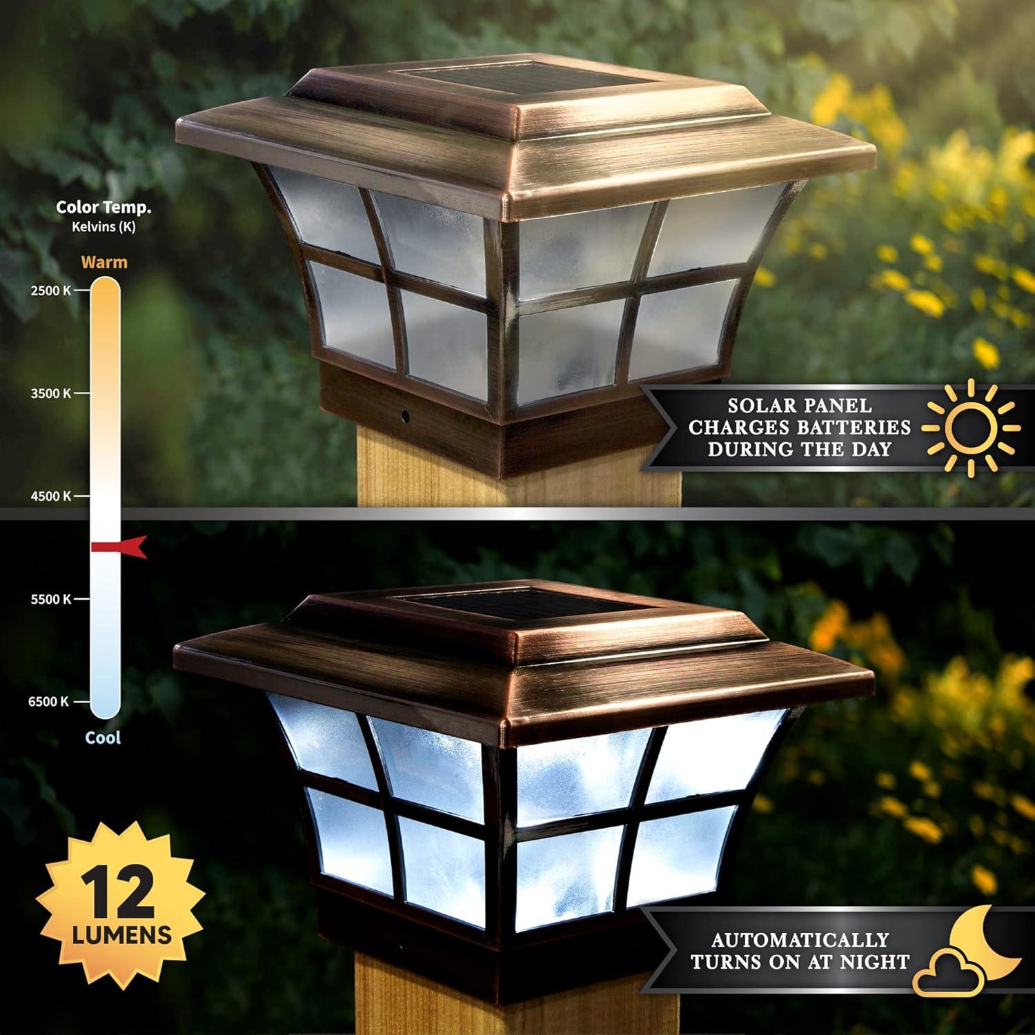 Copper LED Solar Post Cap with Frosted Glass Panels