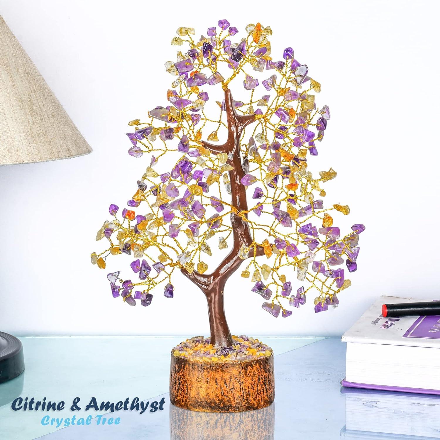 Amethyst and Citrine Crystal Bonsai Tree with Wooden Base