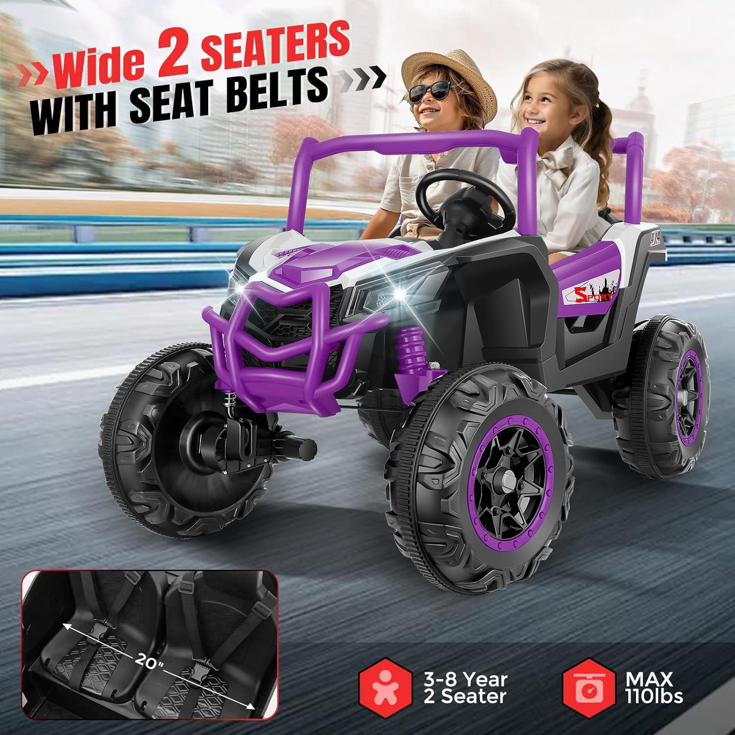 Hikole 24 Volt Ride On Toys for Big Kids, 2 Seater Electric Truck Car Side by Side Electric Vehicle with Music, Bluetooth, 3 Speeds, Soft Braking, Kids UTV for Boys Girls-Purple