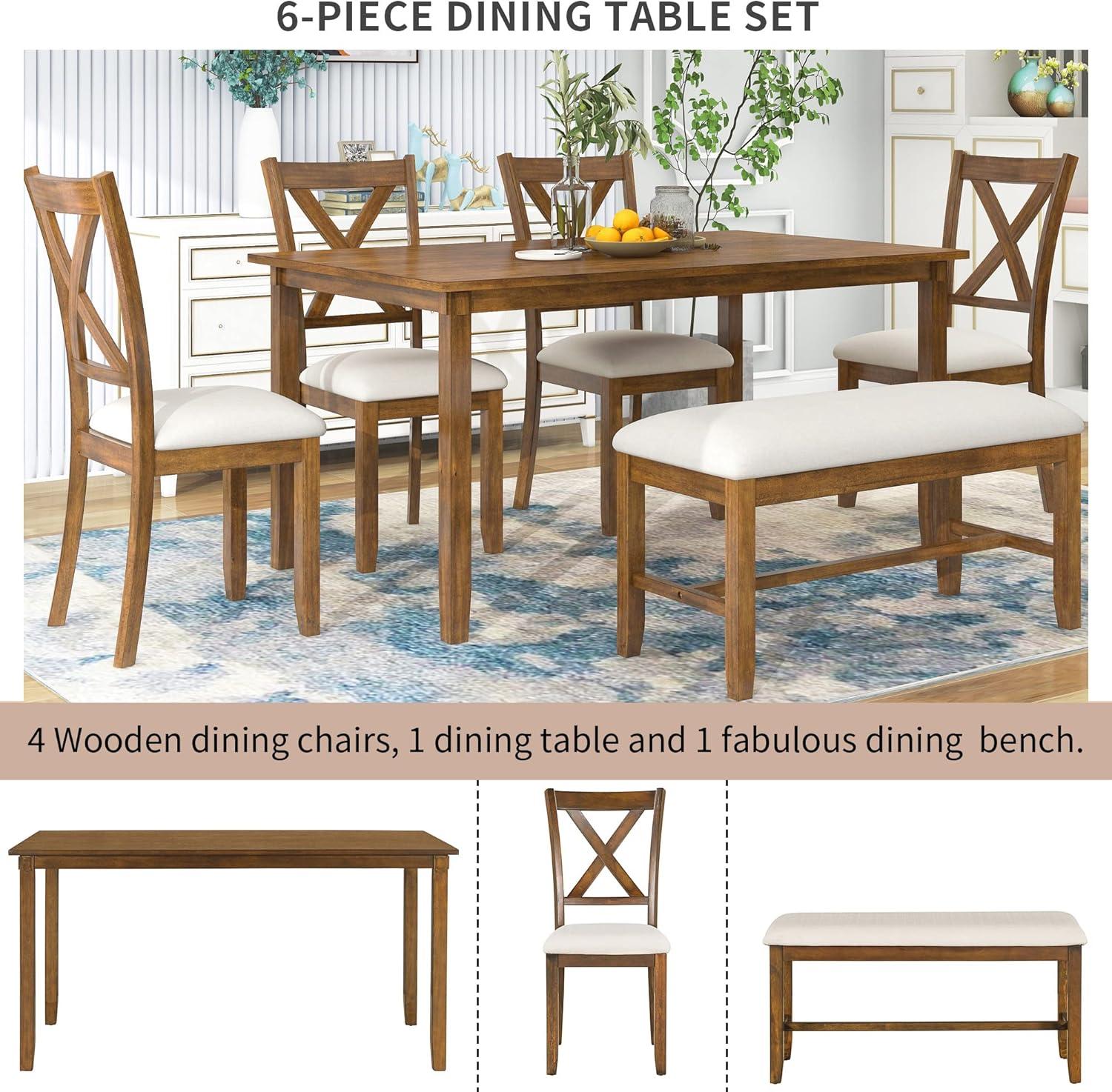 Dining Table Set for 6, 6 Piece Wood Kitchen Table Set, Dining Table and Chairs Set, Home Furniture Table Set with Chairs & Bench, Natural Wood Wash