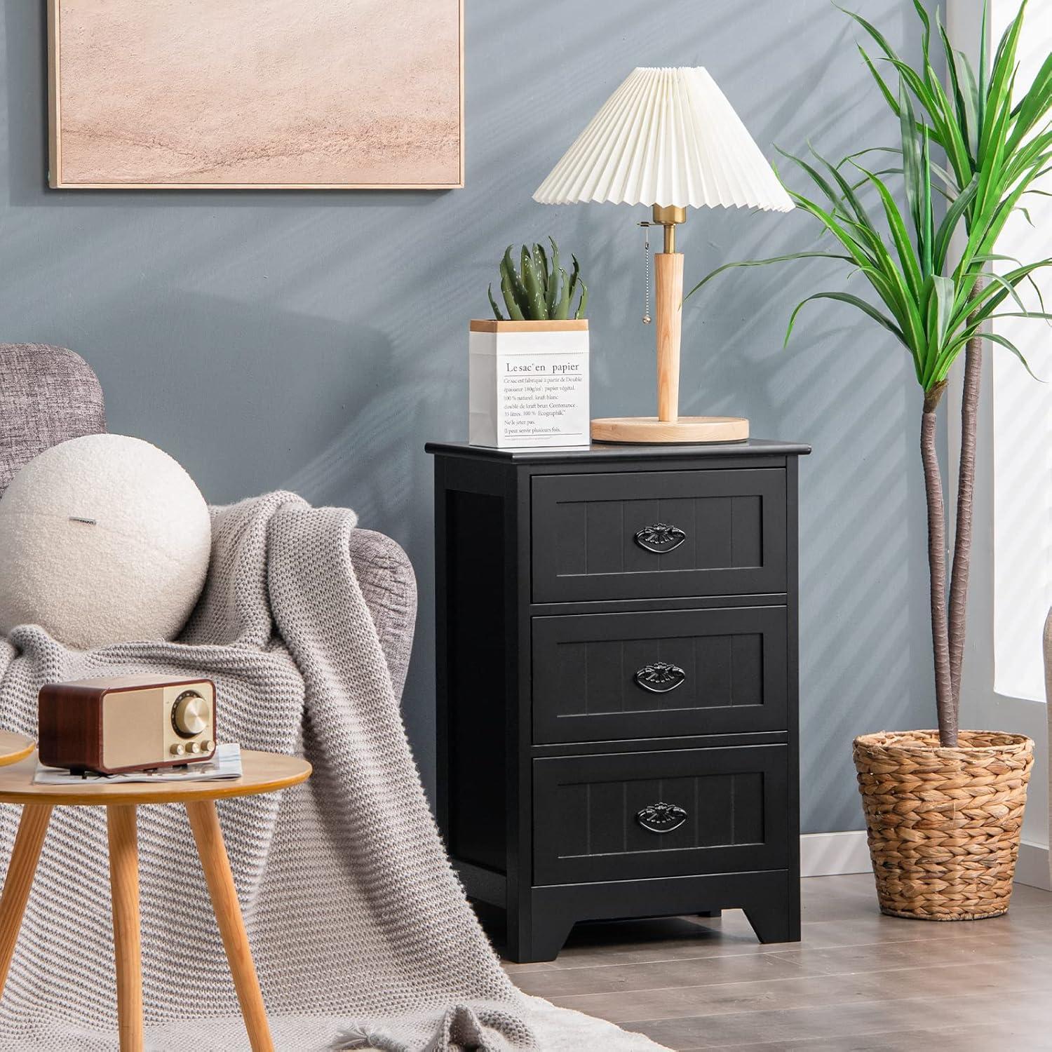 Gymax End Table Nightstand Bedroom Storage w/ 3 Drawers & Wood Slide White