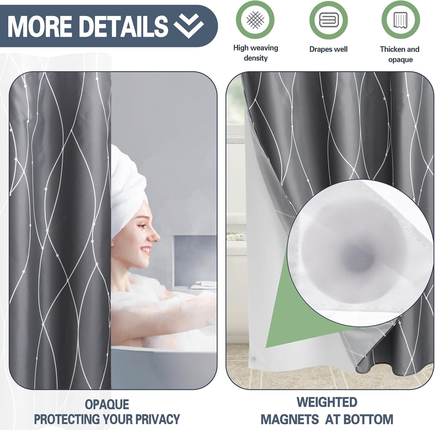 Grey White Striped Fabric Shower Curtain with Snap in Removable Liner for Bathroom Bathtubs,Hotel Shower Curtain and Liner Set with See Through Mesh Top Window,Machine Washable (71"W X 74"H)