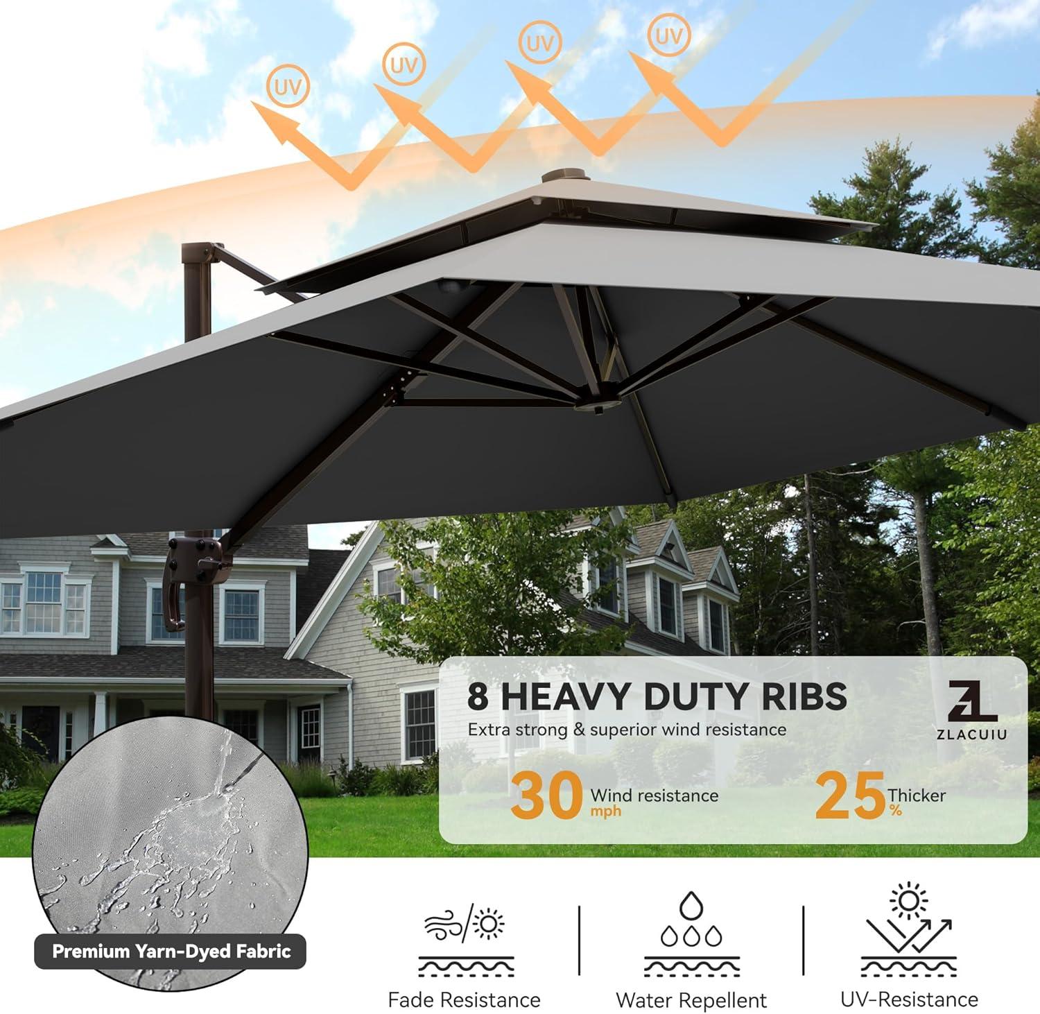 Large Gray Aluminum Cantilever Patio Umbrella with 360° Rotation