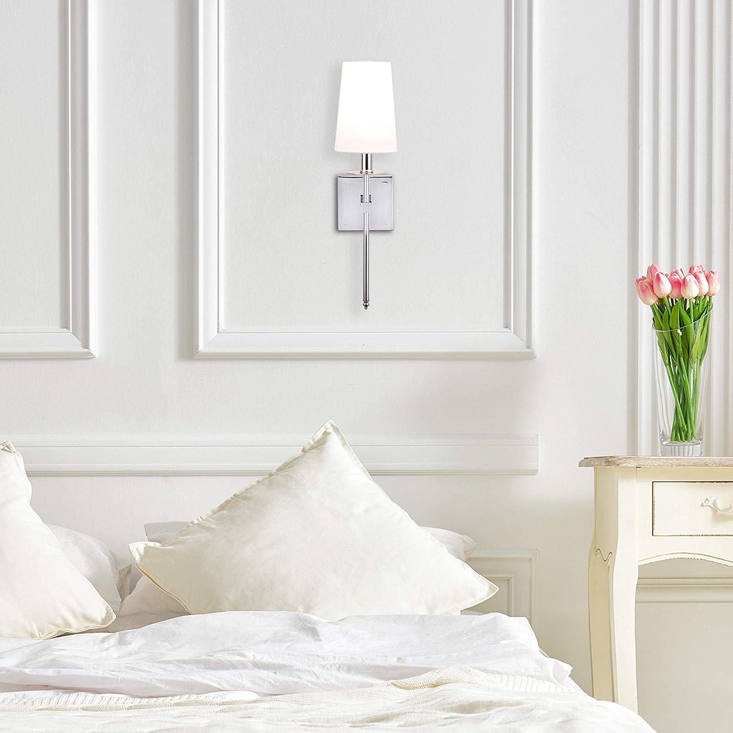 Linea di Liara Torcia Chrome Wall Sconce With White Fabric Shade - Modern Bathroom, Bedroom, and Hallway Light Fixture - Indoor Lighting, UL Listed