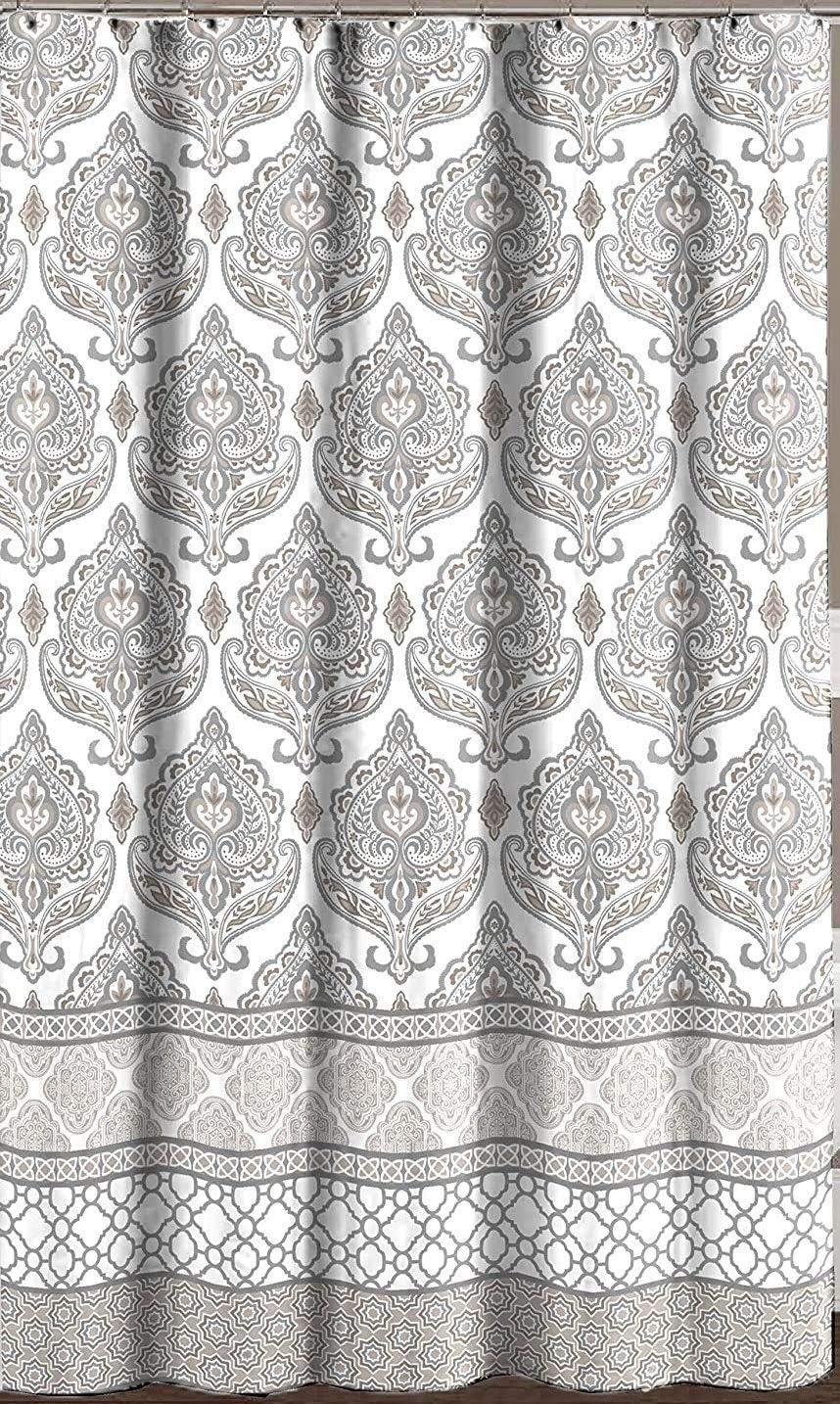 Grey Taupe White Fabric Shower Curtain: Floral Damask with Geometric Border Design (Darian) New Without Packaging 70" x 72" inches.