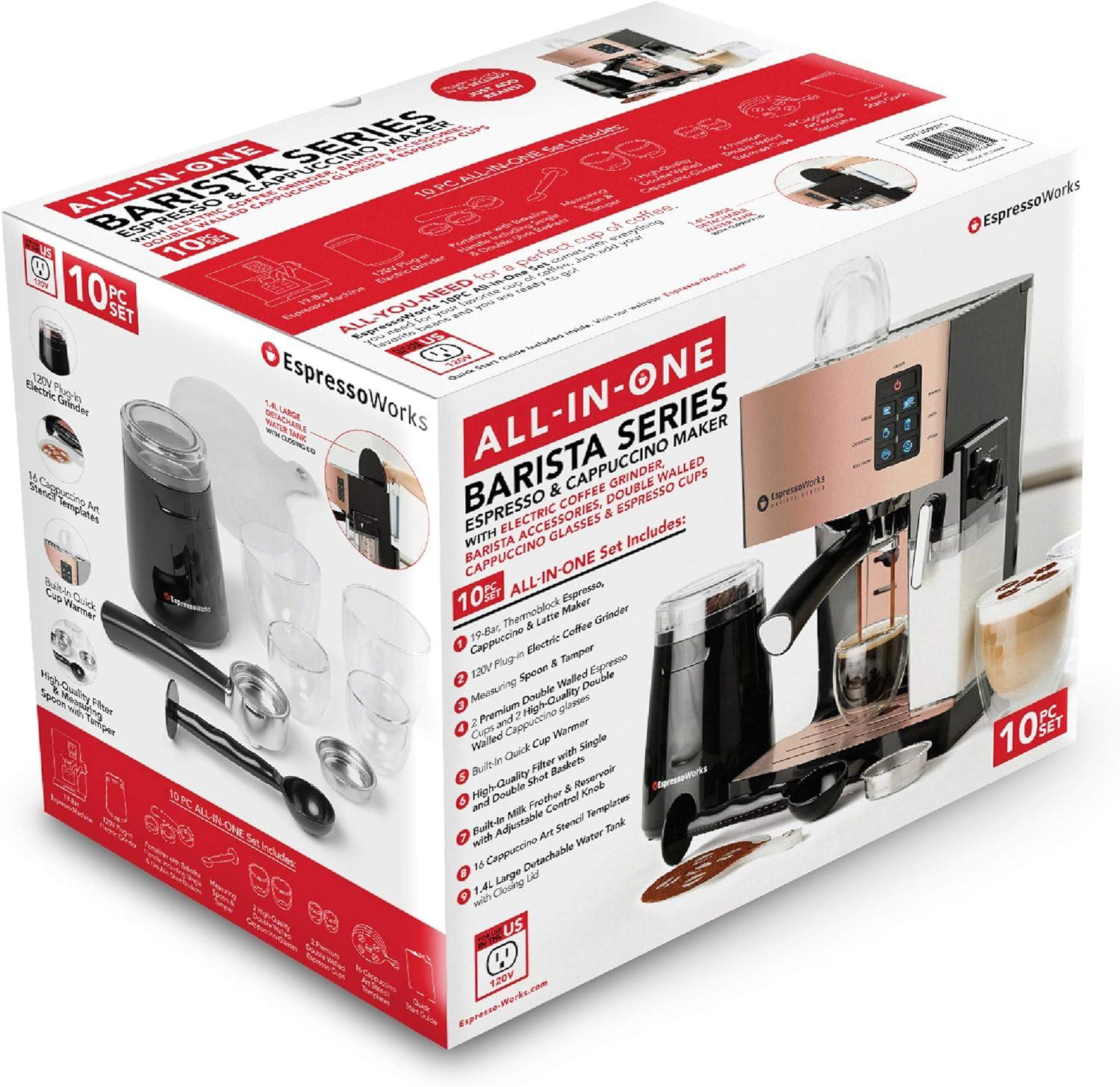 EspressoWorks 19-Bar Espresso, Latte and Cappuccino Maker 10-Piece Set - Brew Cappuccino and Latte with One Button - Espresso Machine with Milk Steamer 1250W - Coffee Gifts (Rose Gold)