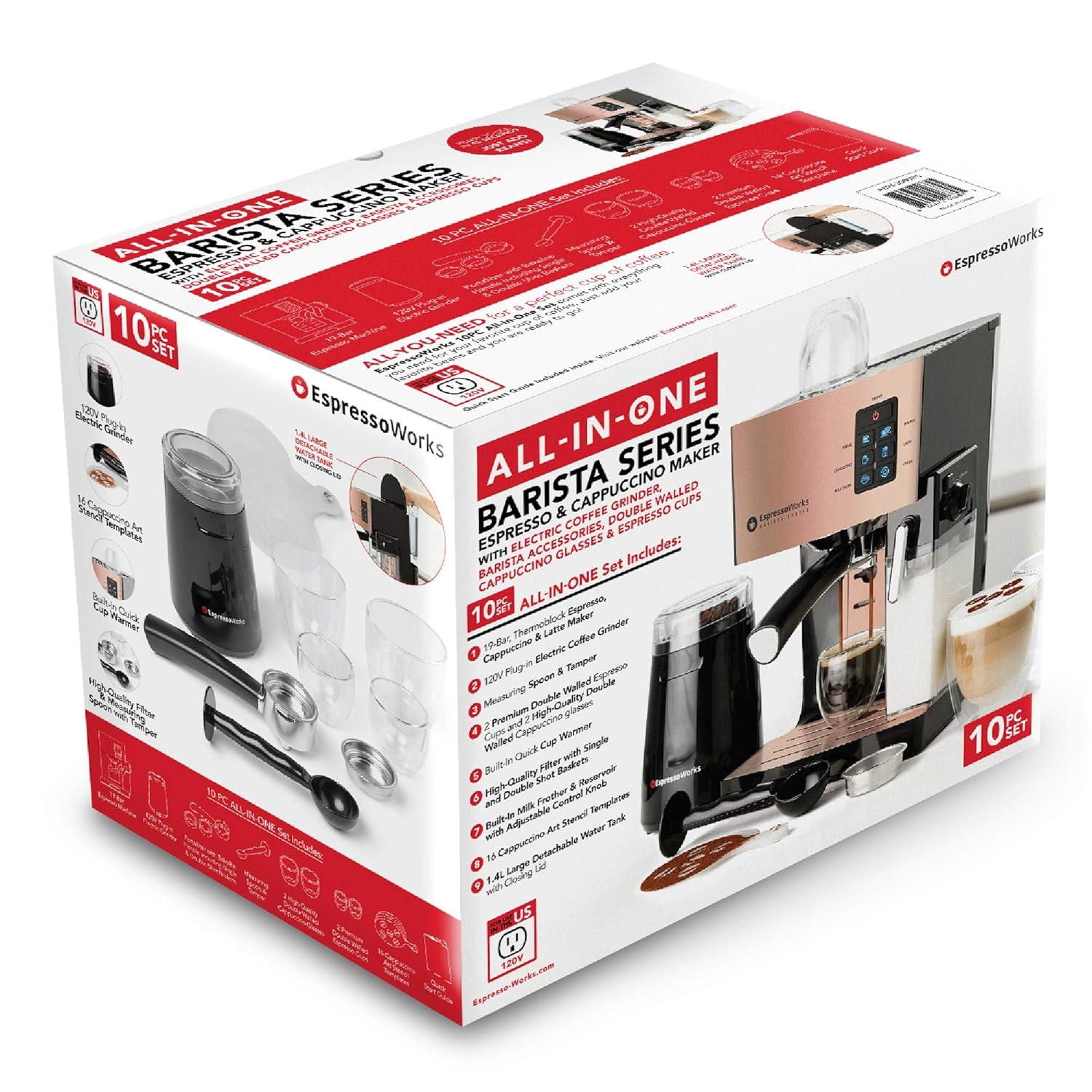 EspressoWorks 19-Bar Espresso, Latte and Cappuccino Maker 10-Piece Set - Brew Cappuccino and Latte with One Button - Espresso Machine with Milk Steamer 1250W - Coffee Gifts (Rose Gold)