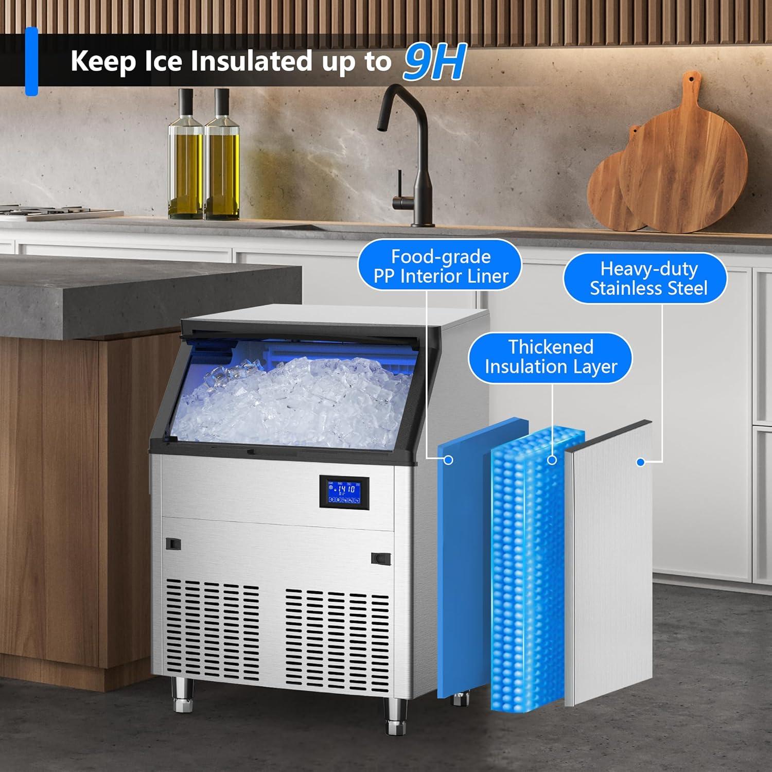 Coolake Commercial Ice Maker Machine 450lbs/24h With 130lbs Storage, Stainless Steel Under Counter Ice Maker, Descaling Water Filter, Ice Ready In 5-15 Min For Home Bar, Doe Etl Approval