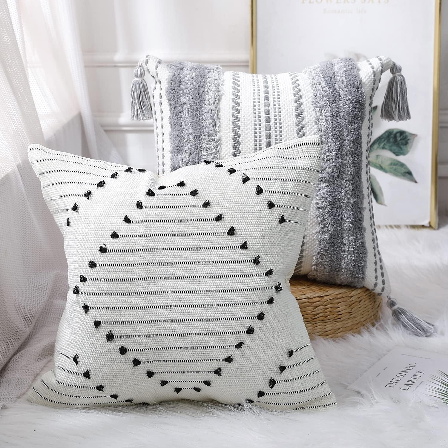 Modern Boho Gray and White Cotton Throw Pillow Set