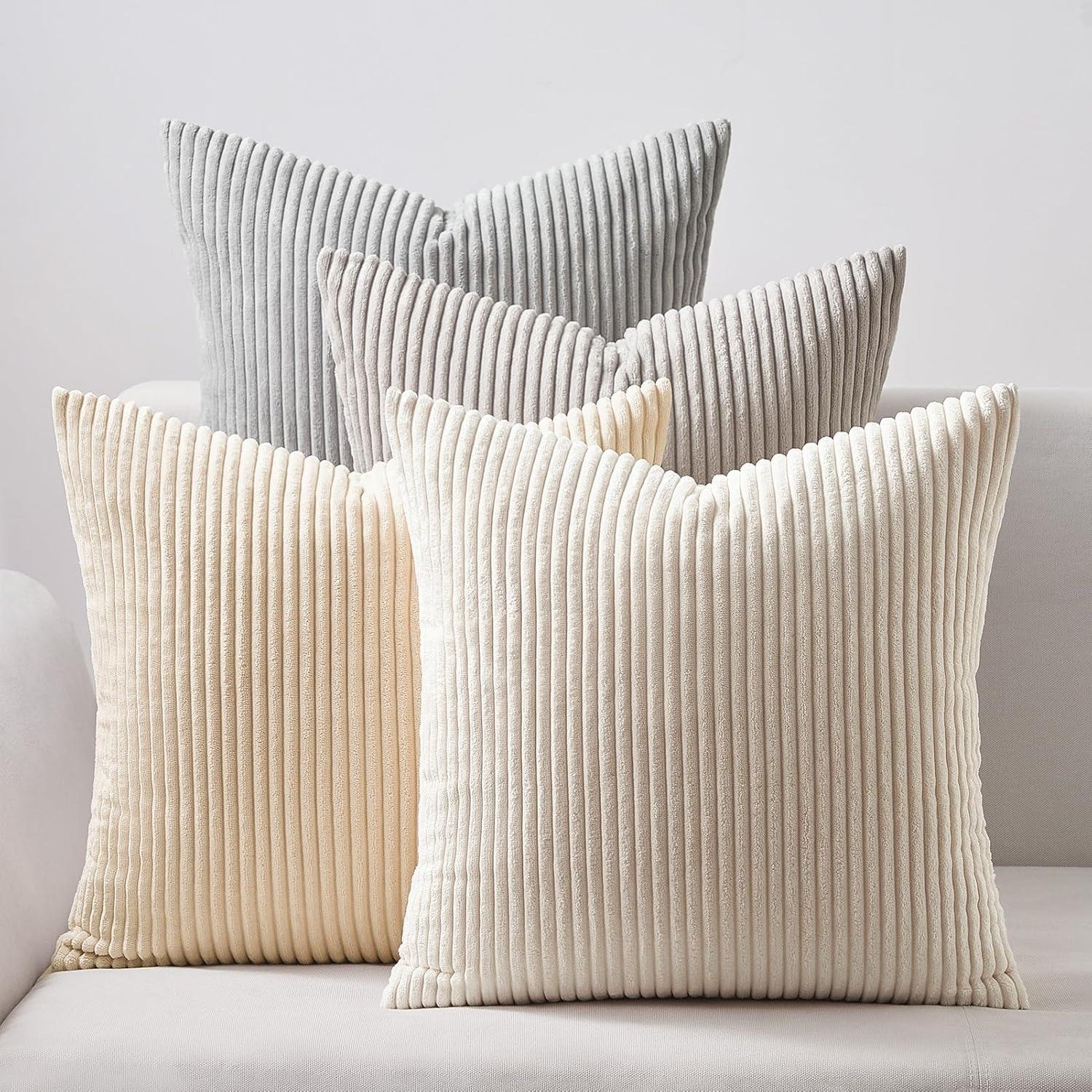 Neutral Striped Corduroy Square Pillow Covers, Set of 4