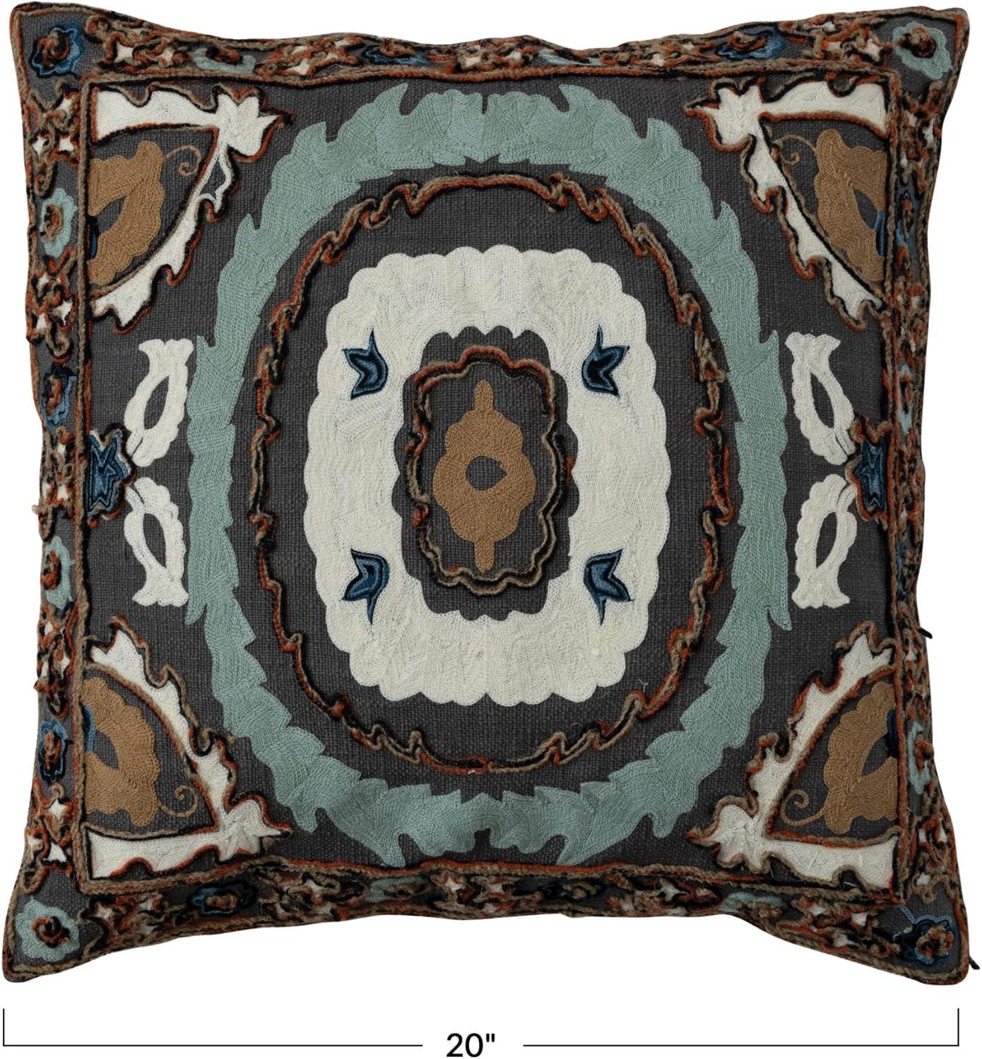 Creative Co-Op Cotton Throw Pillow with Embroidered Pattern and Chambray Back, Multicolor