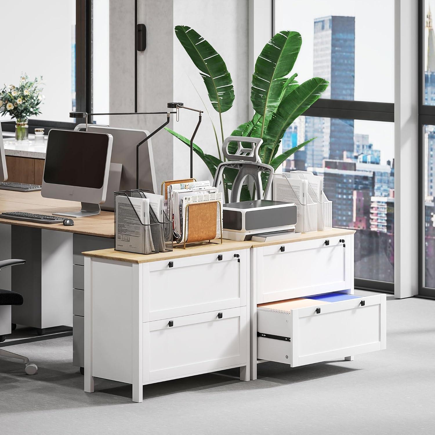 HOMCOM 2 Drawer File Cabinet with Lock, Lateral Filing Cabinet with Keys, Sleek Lines Drawers and Adjustable Hanging Bar for Letter, A4 and Legal Size, White