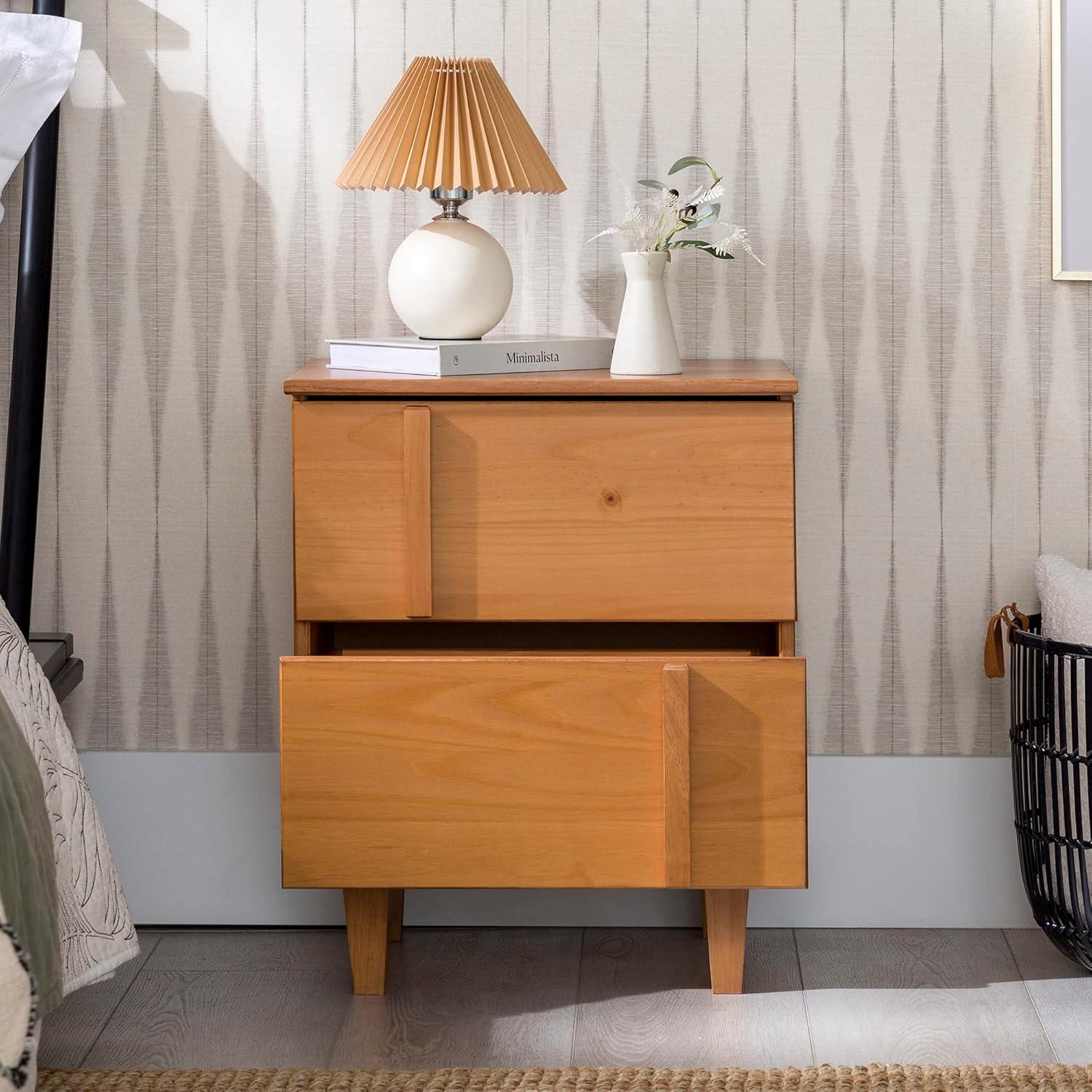 Walker Edison 20” Contemporary Vertical Drawer Pulls Solid Wood Nightstand, Caramel