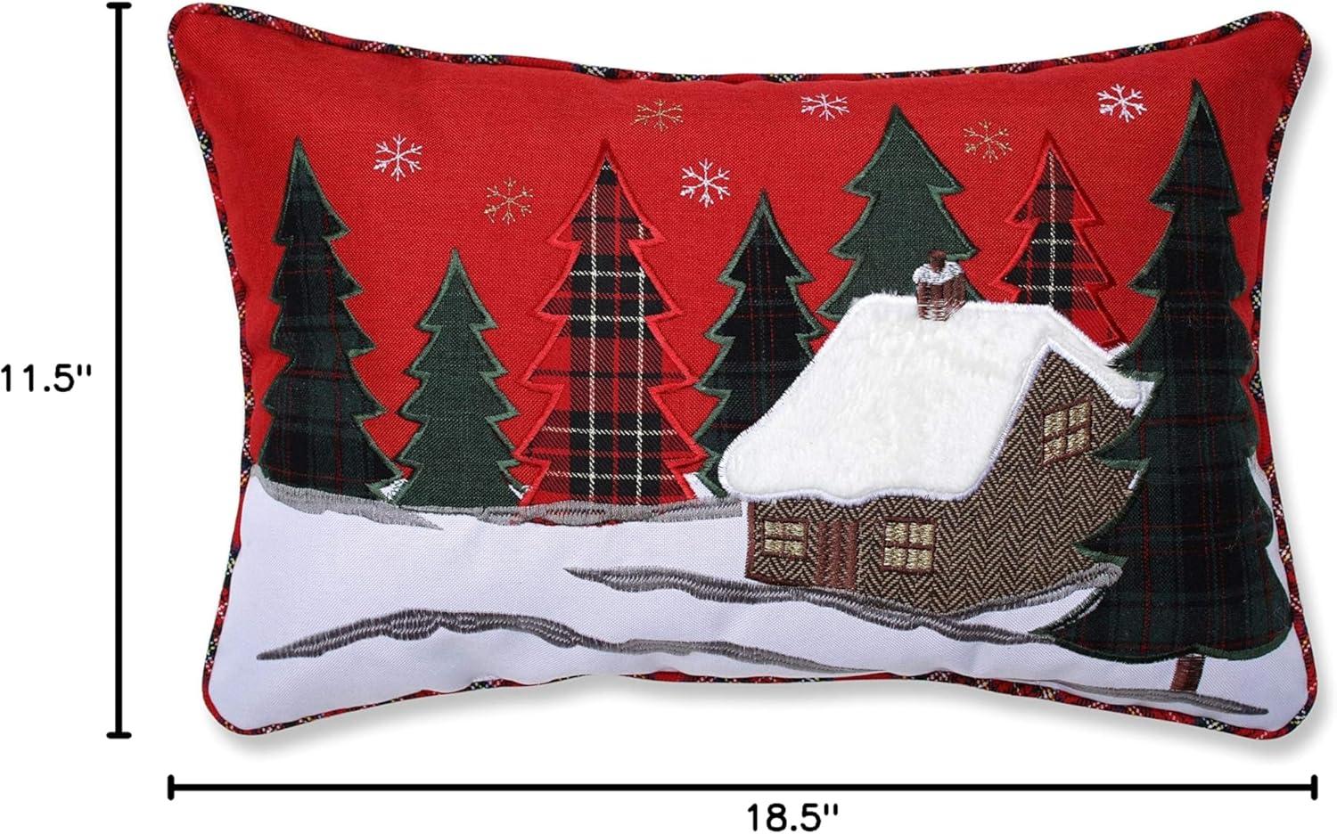 Christmas Cabin Red and Green Embroidered Lumbar Pillow