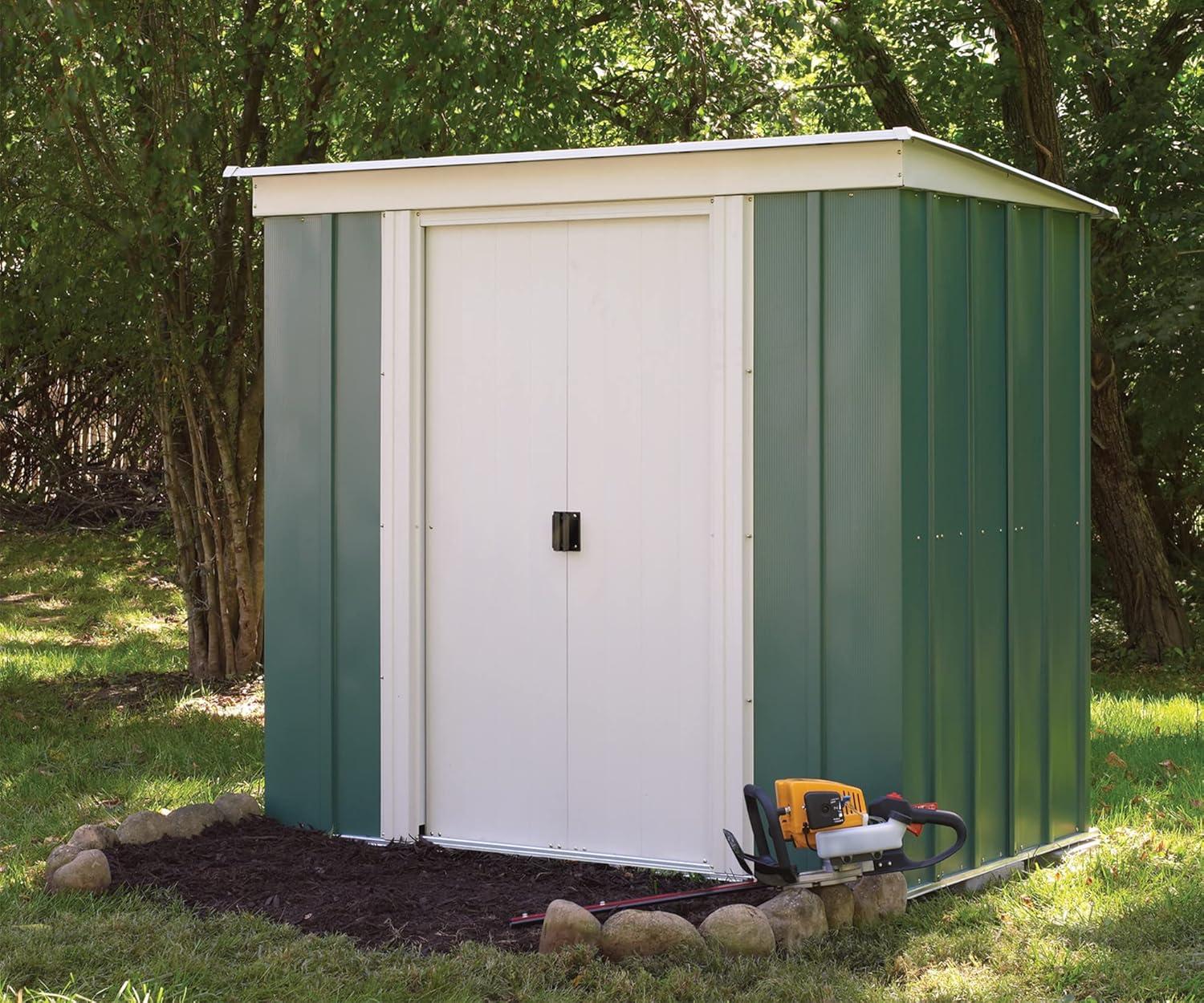 Eggshell and Green Steel Outdoor Storage Shed with Sliding Doors