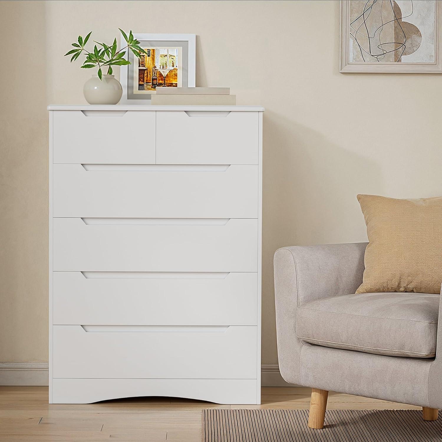 Homfa 6 Drawer White Dresser, Vertical Chest of Drawers Wood Storage Cabinet for Bedroom Living Room