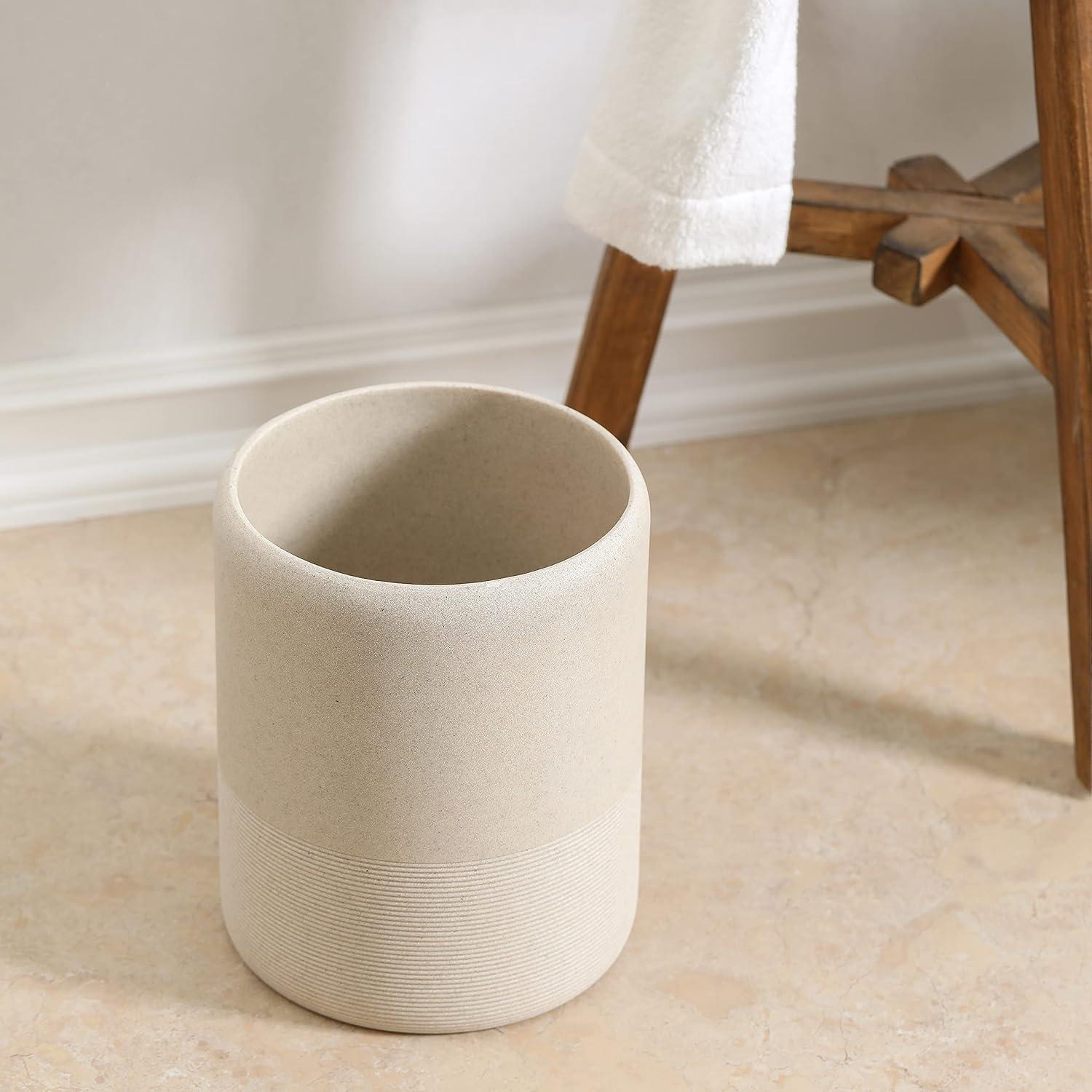 Beige Polyresin Marble Look Round Wastebasket