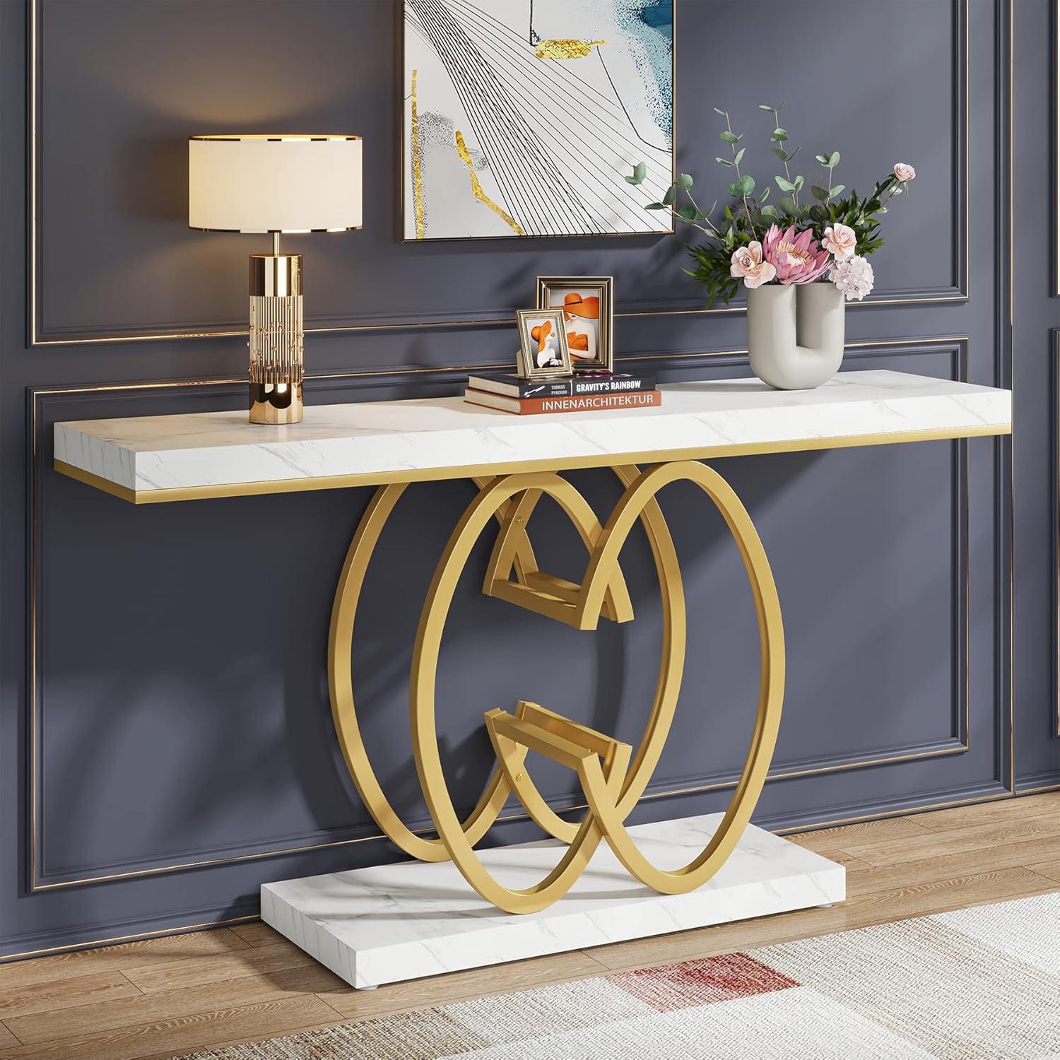 55 Inch Faux Marble Console Table Gold Sofa Table for Entryway White & Gold