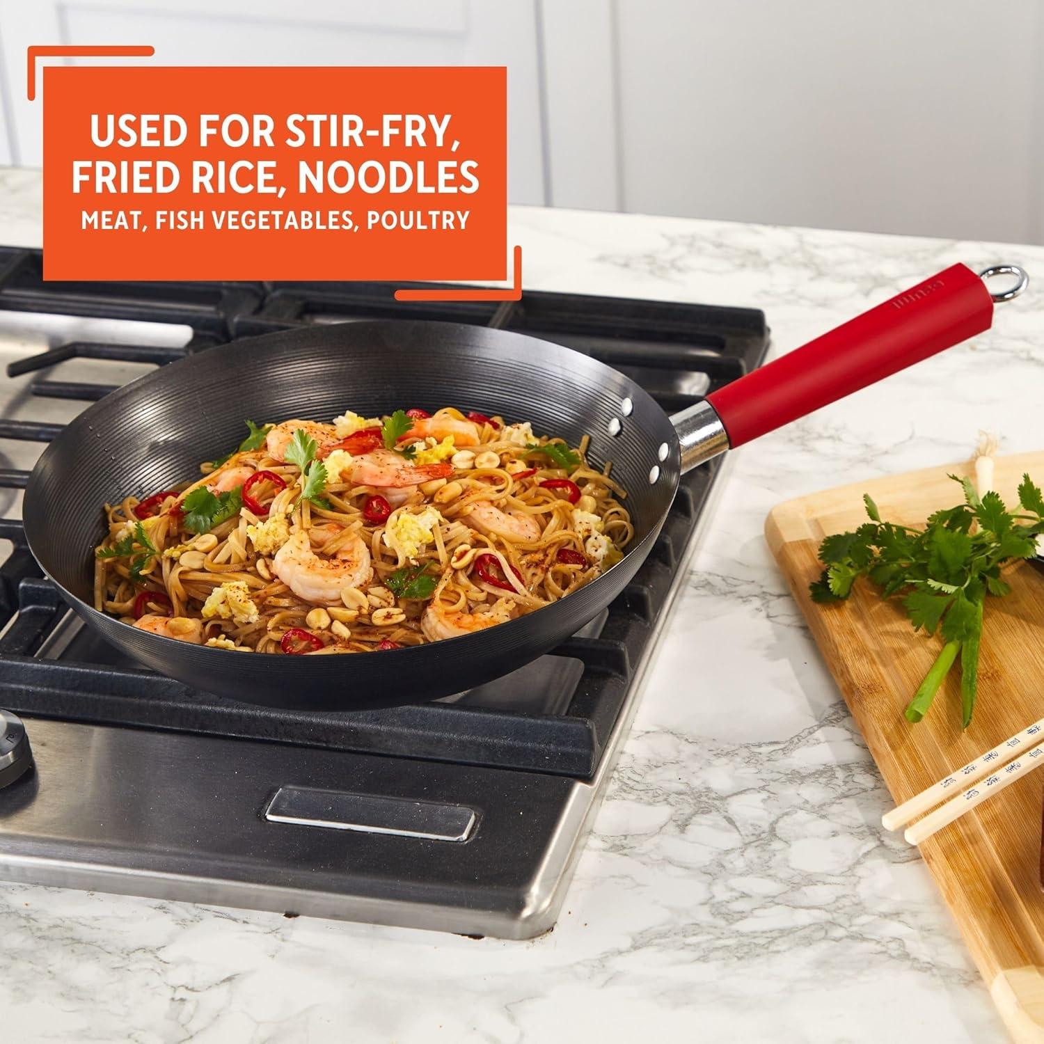 IMUSA 12in Carbon Steel Nonstick Wok with Red Soft Touch Handle, Black