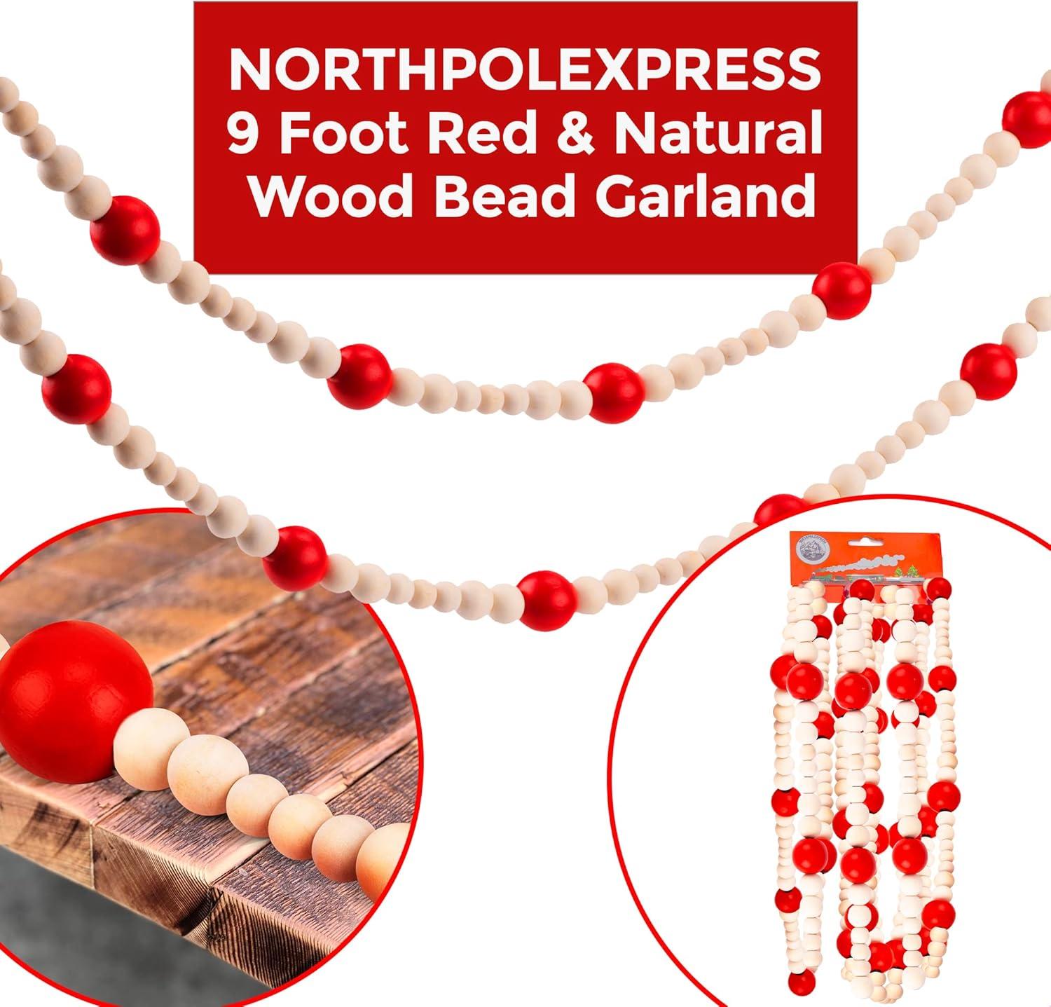 NorthPoleXpress Red & Natural Wooden Christmas Tree Garland, 9 Foot, Red & Natural Wood, Rustic Country Farmhouse Vintage, Assorted Bead Sizes