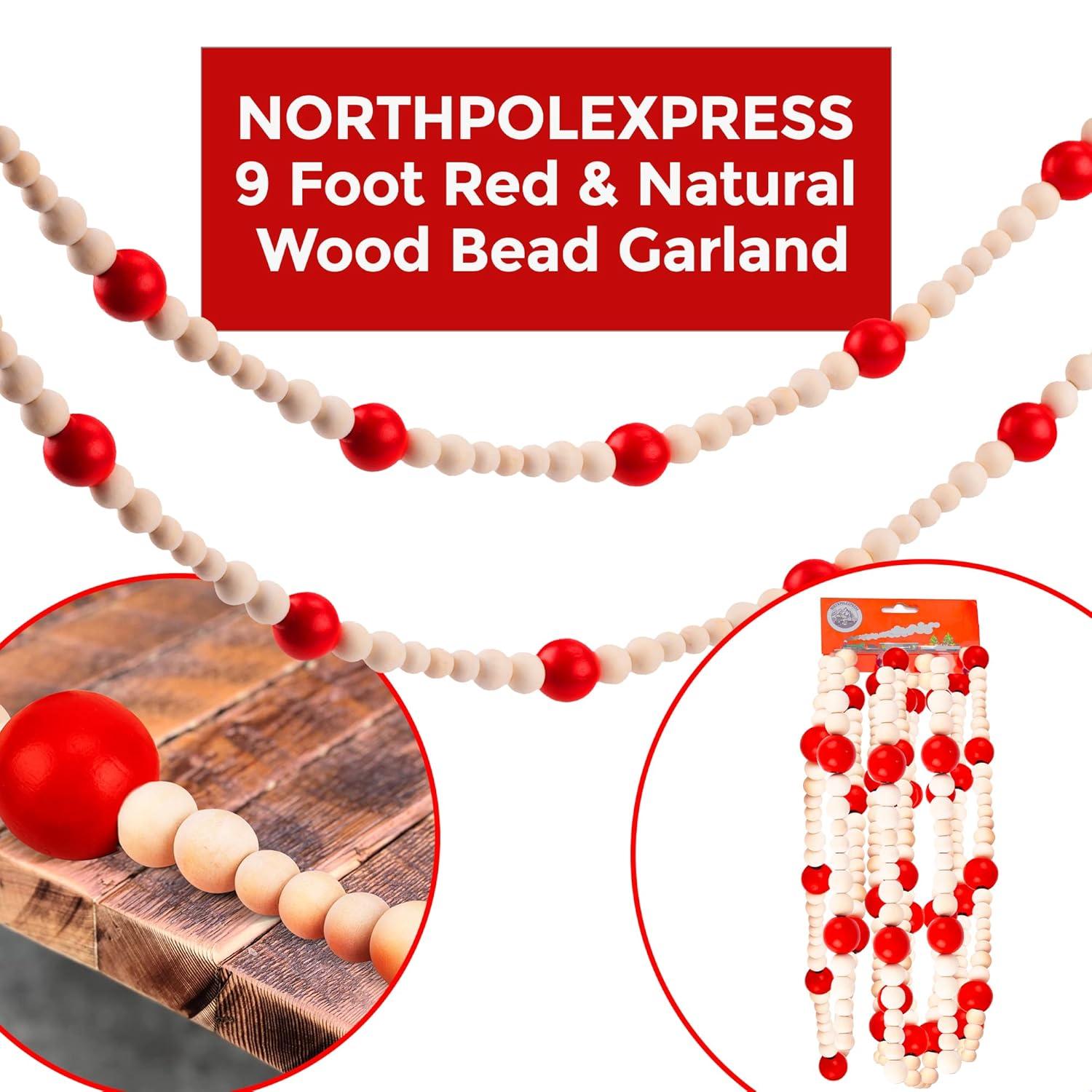 NorthPoleXpress Red & Natural Wooden Christmas Tree Garland, 9 Foot, Red & Natural Wood, Rustic Country Farmhouse Vintage, Assorted Bead Sizes