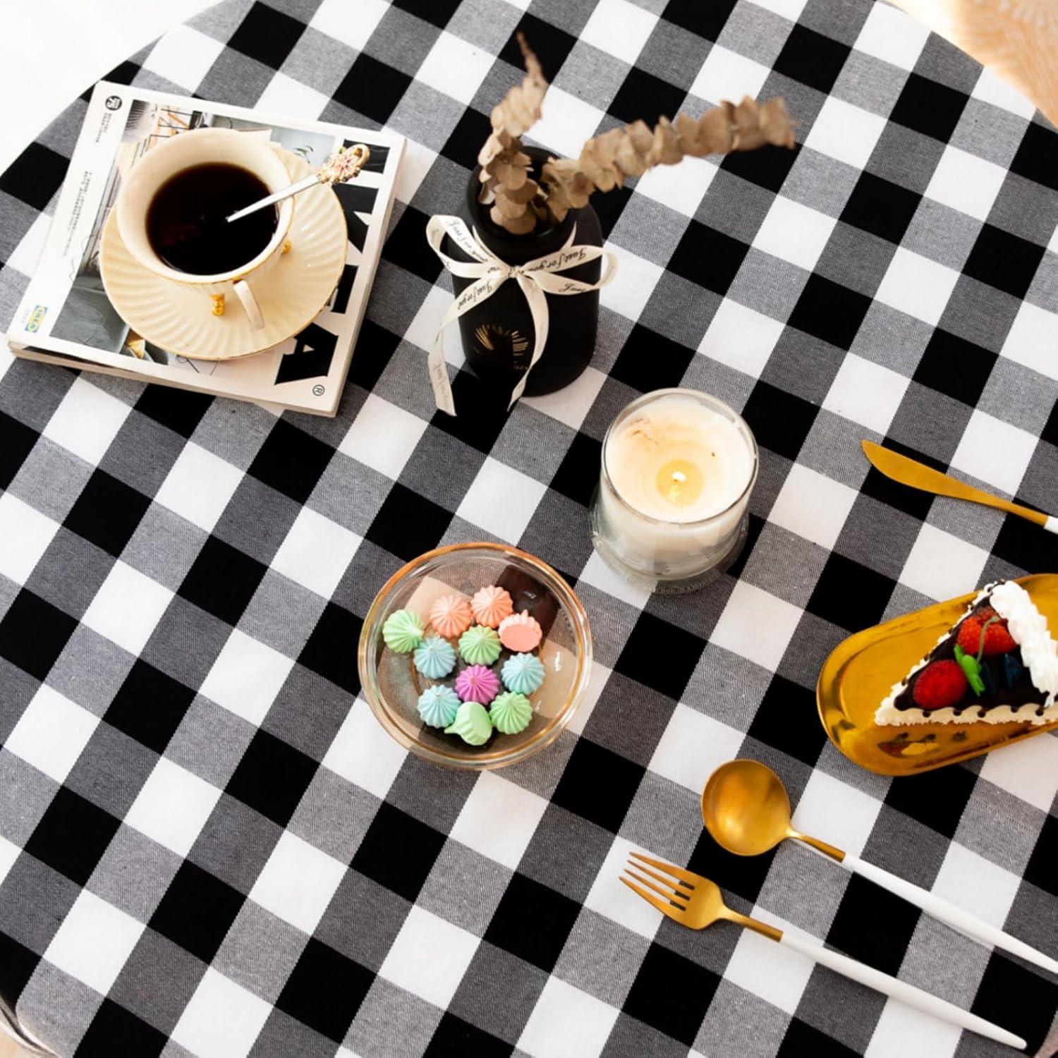 Buffalo Plaid Round Tablecloth Checkered Cotton Linen Table Cover for Kitchen Dining Room Home Decor ( Round - 48 Inch, White & Black )