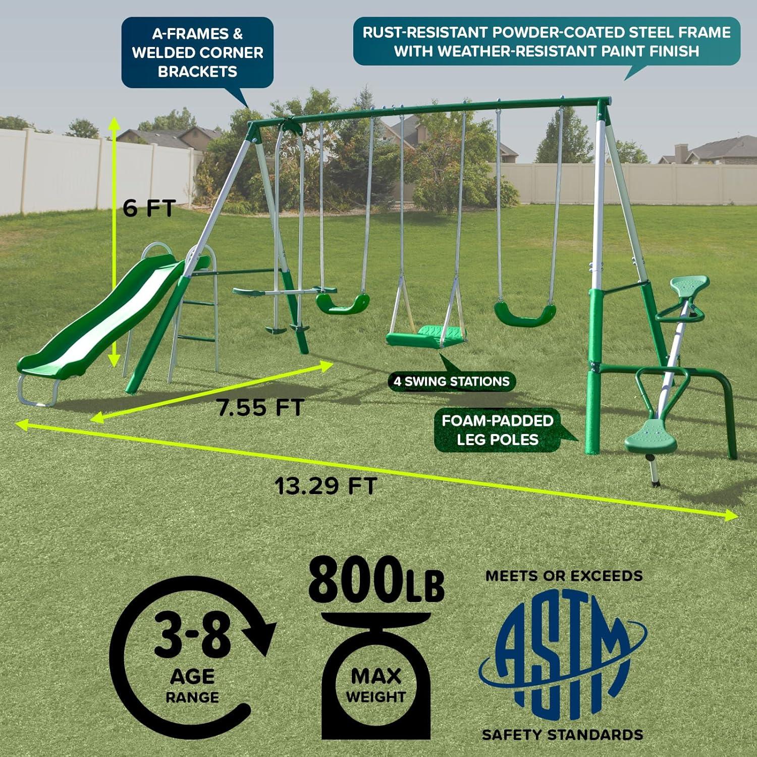 Sportspower Sportspower Park Ridge Metal Swing Set With 2 Swings, Standing Swing, 2 Person Roman Glider Swing, Teeter Totter And 5' Slide, Bonus Anchor Kit Included