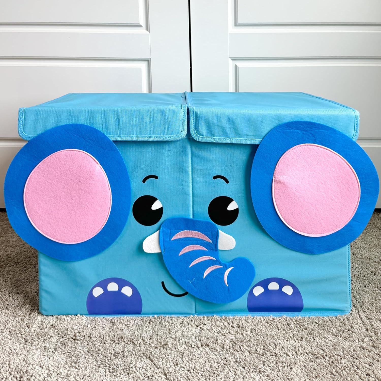 Blue Elephant Fabric Collapsible Toy Storage Box with Handles