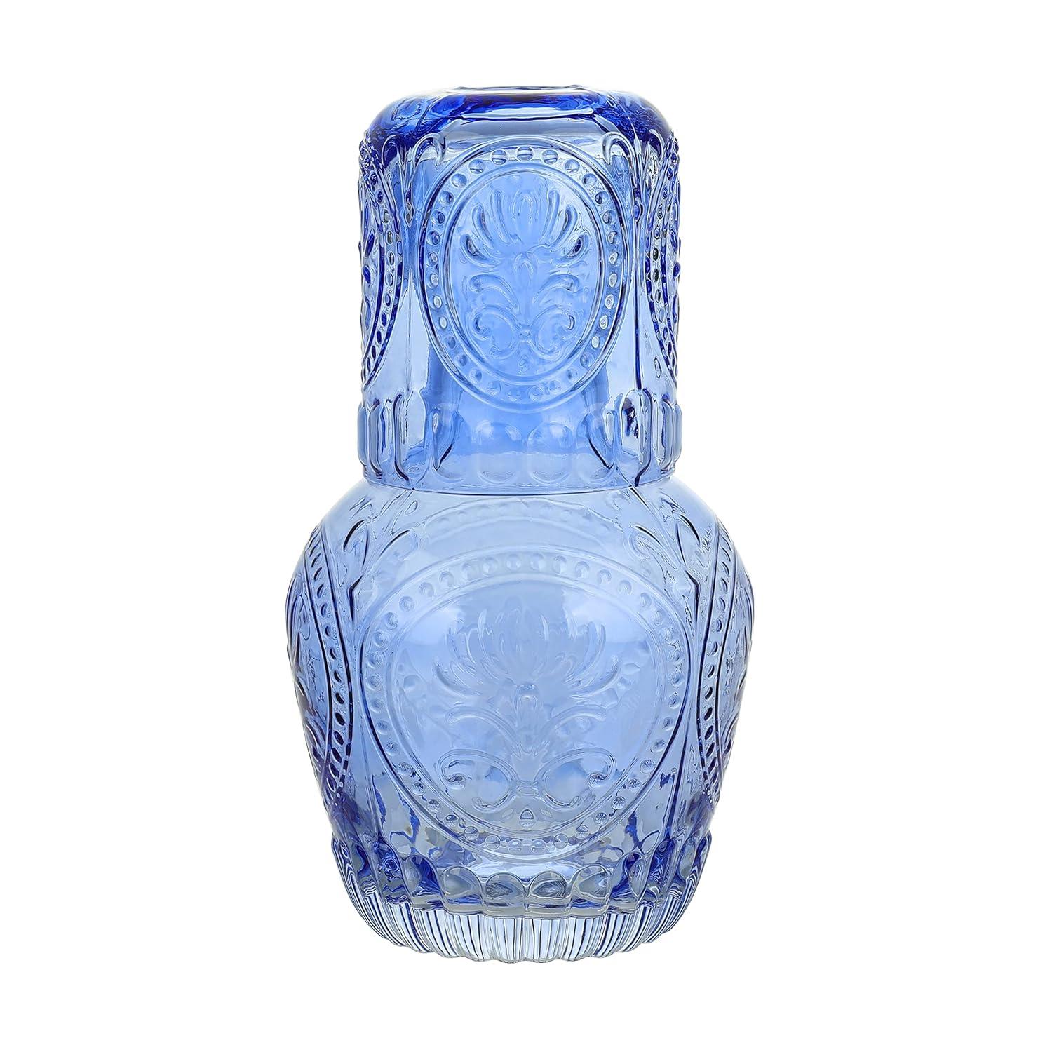 Elle Decor 2-Piece Carafe Set, Bedside Night Water Carafe, Glass Pitcher and Cup that Doubles as a Lid, Perfect for Desktop/Shelf (Blue)