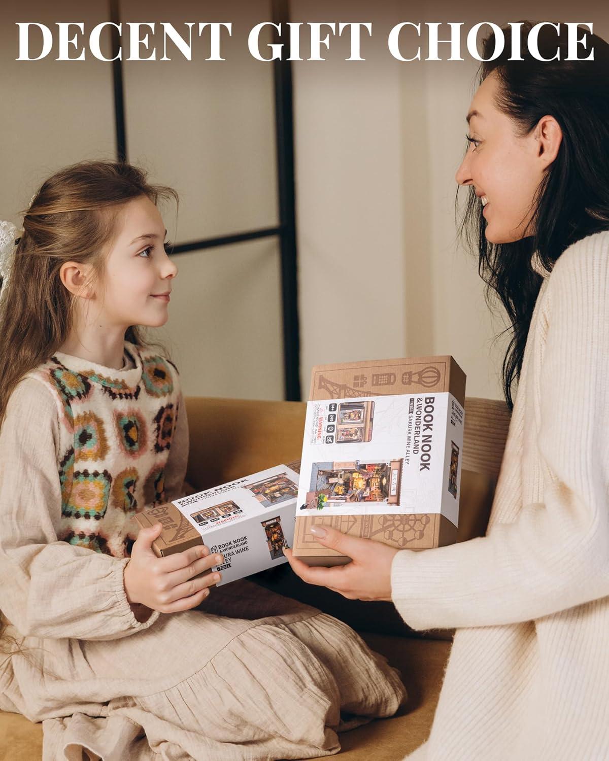 Rolife Book Nook 3D Jigsaw Puzzle Sakura Wine Alley Wooden Model Building Kit Decorative Bookend Stand DIY Bookshelf Insert Decor Gift for Teen Adults