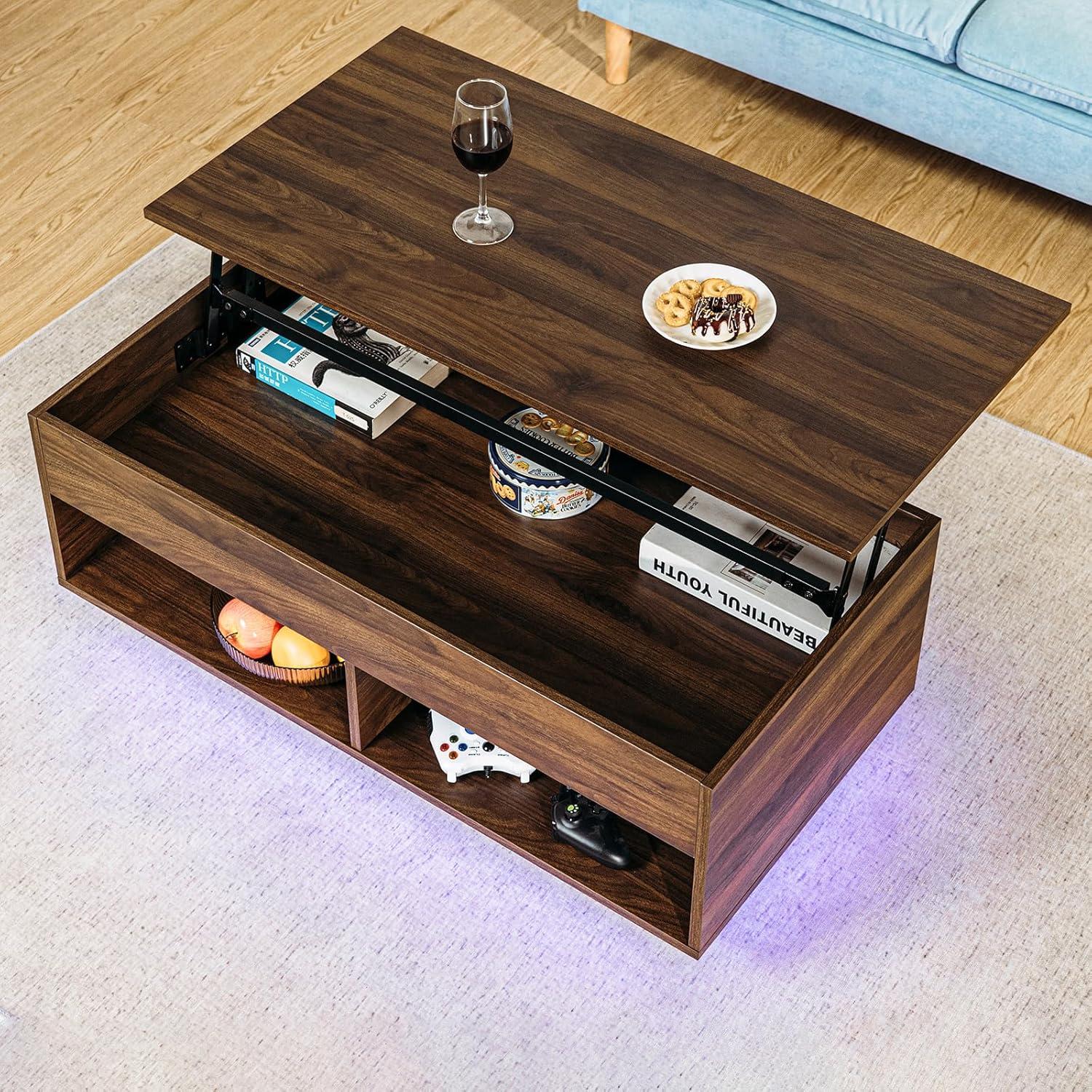 Hommpa Lift Top Coffee Table with Hidden Compartment LED Coffee Tables Dark Walnut Center Rising Cocktail Table for Living Room Accent Furniture