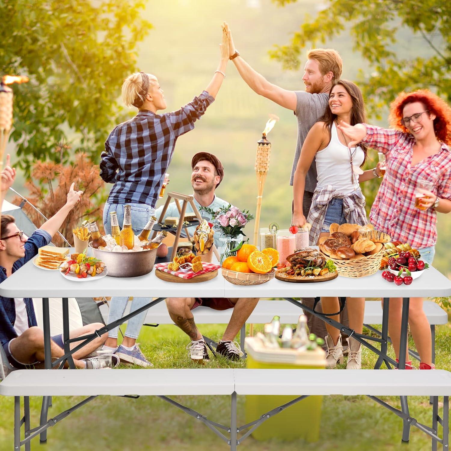 VINGLI 6 ft 3-Piece Portable Picnic White Table Bench Set, Weather-Resistant Plastic Folding Camping Beer Table w/Carrying Handles, for Family Garden Patio Outdoor Activities Use