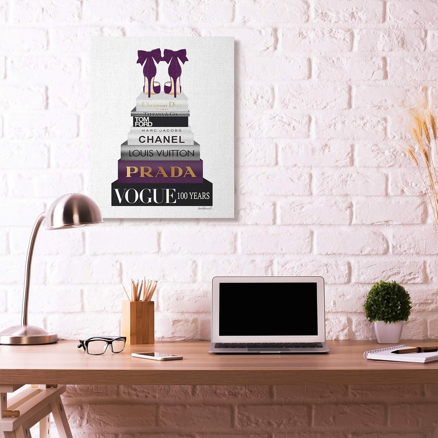 Stupell Industries " Fashion Designer Shoes Bookstack Purple Gold Watercolor "