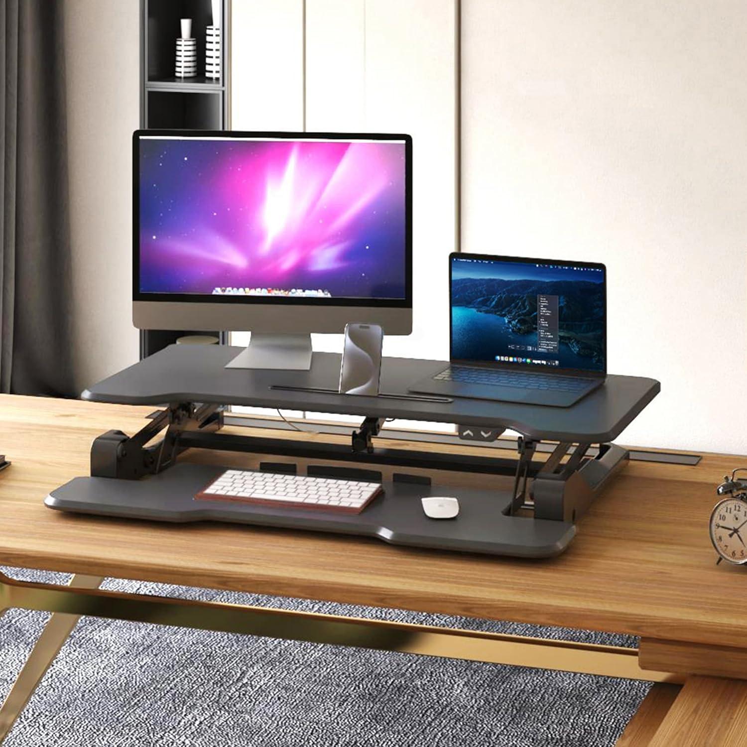 Black Electric Adjustable Standing Desk Converter with Keyboard Tray