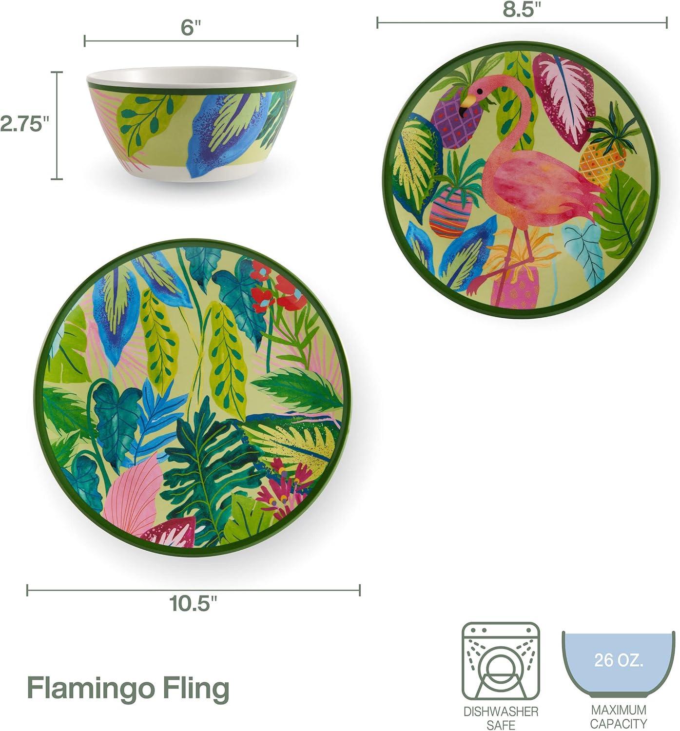 Flamingo Fling 12-Piece Multicolor Melamine Dinnerware Set